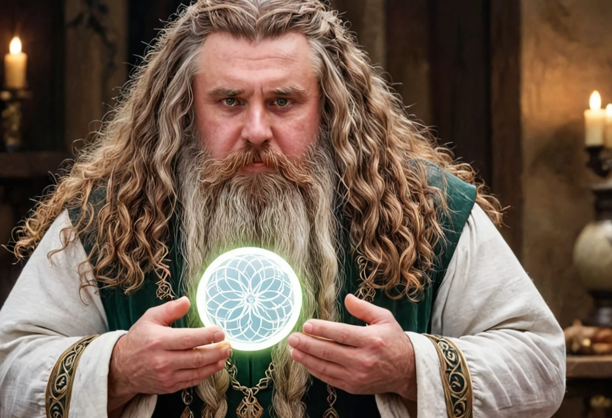 8k portrait photo of a young wizard  staring at a huge glowing white magical orb the size of a football floating between his  hands, wearing platinum jewelry with diamonds and colorful gemstones, huge braided brown beard, long wavy brown hair, BREAK rich medieval green and white robes, BREAK bushy eyebrows, male focus, bara, daddybear, obese, musclebound, serene, holy, solo, -hyperrealistic, wizard's workshop,  ancient tomes, shelf with scrolls, <lora:Big_Braided_Beards:1> <lora:Dynamic Poses:1>