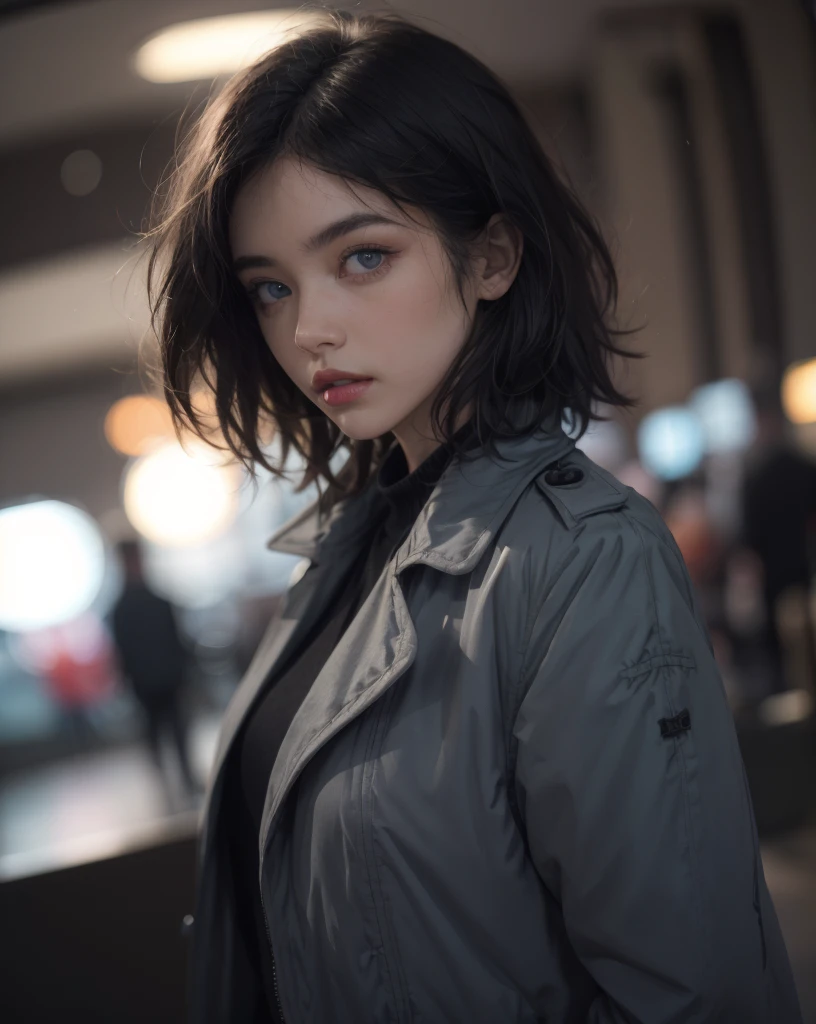 1girl, black hair, blue eyes, blurry, blurry background, blurry foreground, bokeh, coat, depth of field, detective coat, detective jacket, fisheye, full moon, grey coat, lens flare, lips, long sleeves, looking at viewer, medium hair, messy hair, motion blur, photo \(medium\), pov, realistic, red lips, short hair, upper body,
(dynamic angle:1.6), 
 <lora:Detective_FIles:0.5> detective jacket, detective coat,