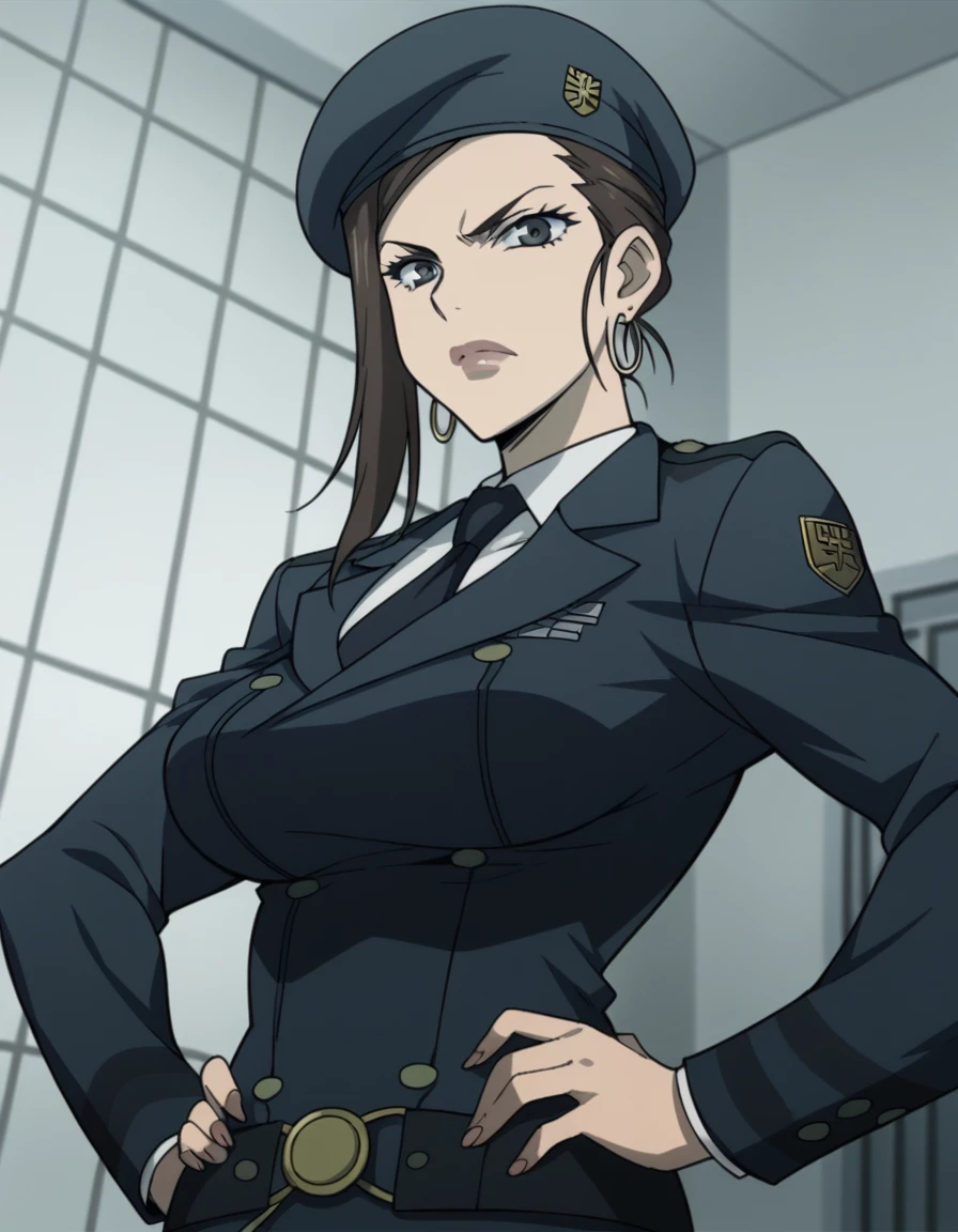 score_9, score_8_up, score_7_up, source_anime,
kiwakomakinaflugel, <lora:kiwako-makina-flugel-s1-ponyxl-lora-nochekaiser:1>,
kiwako makina flugel, large breasts, brown hair, black eyes,
hat, jewelry, earrings, necktie, uniform, military, military uniform, beret,
indoors, prison, hands on hips,
cowboy shot, looking at viewer, solo, dutch angle,