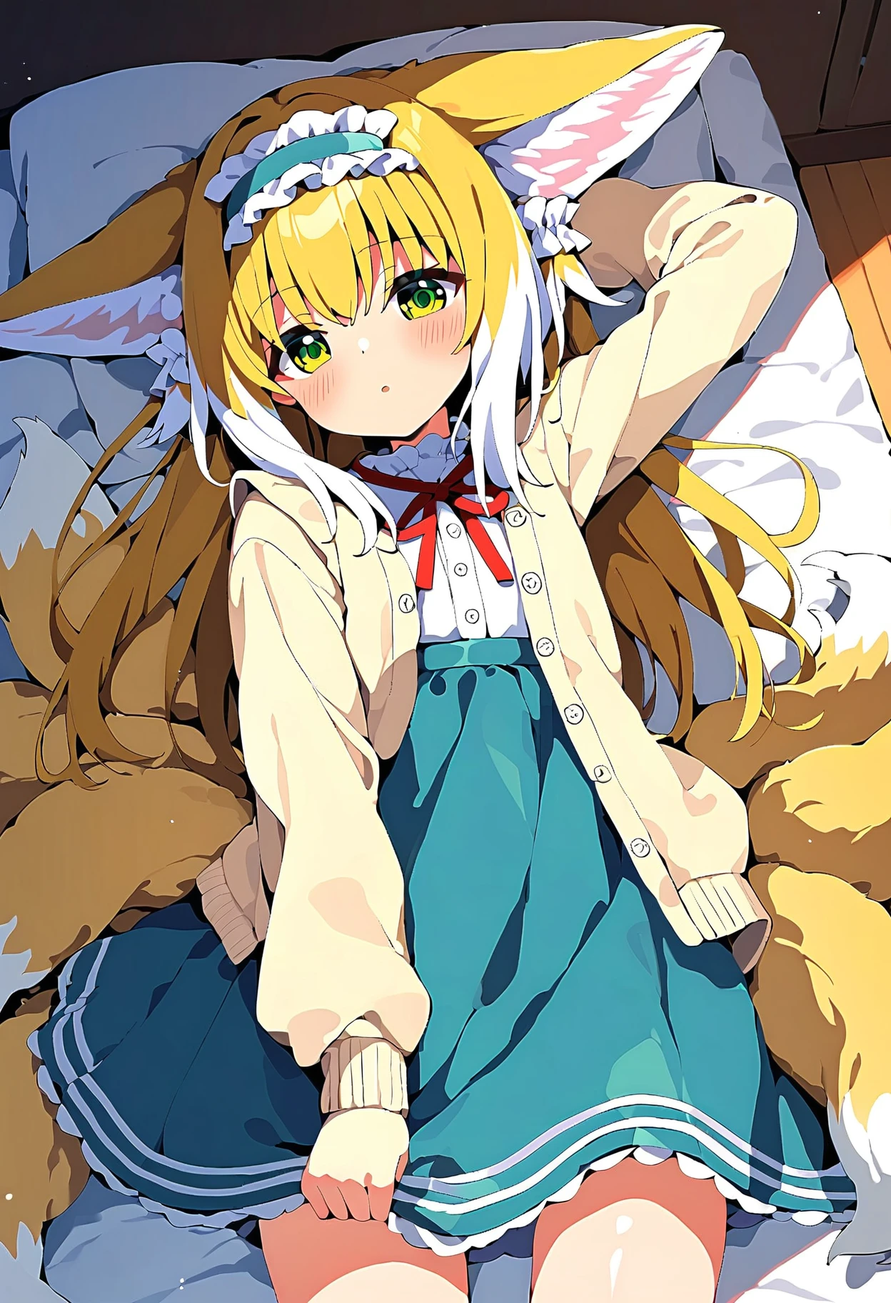 score_9,score_8_up,score_7_up,source_anime BREAK <lora:Suzuran_pony:1>,1girl,solo,suzuran,tails,multiple tails,animal ear fluff,animal ears,blonde hair,green eyes,spring praise,long hair,frilled hairband,blue hairband,blue skirt,light yellow cardigan,open cardigan,puffy long sleeves,neck ribbon,red ribbon,arm up,arm behind head,stretching,blush,sleepy,lying,on bed,