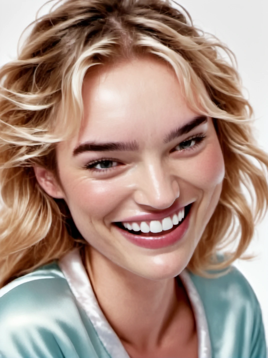 1girl, realistic, blond,
portrait, face closeup, smile, open mouth, mouth open, wearing satin pajamas, white background, looking at us,
<lora:abbie-synth-xl-lora-1:1>