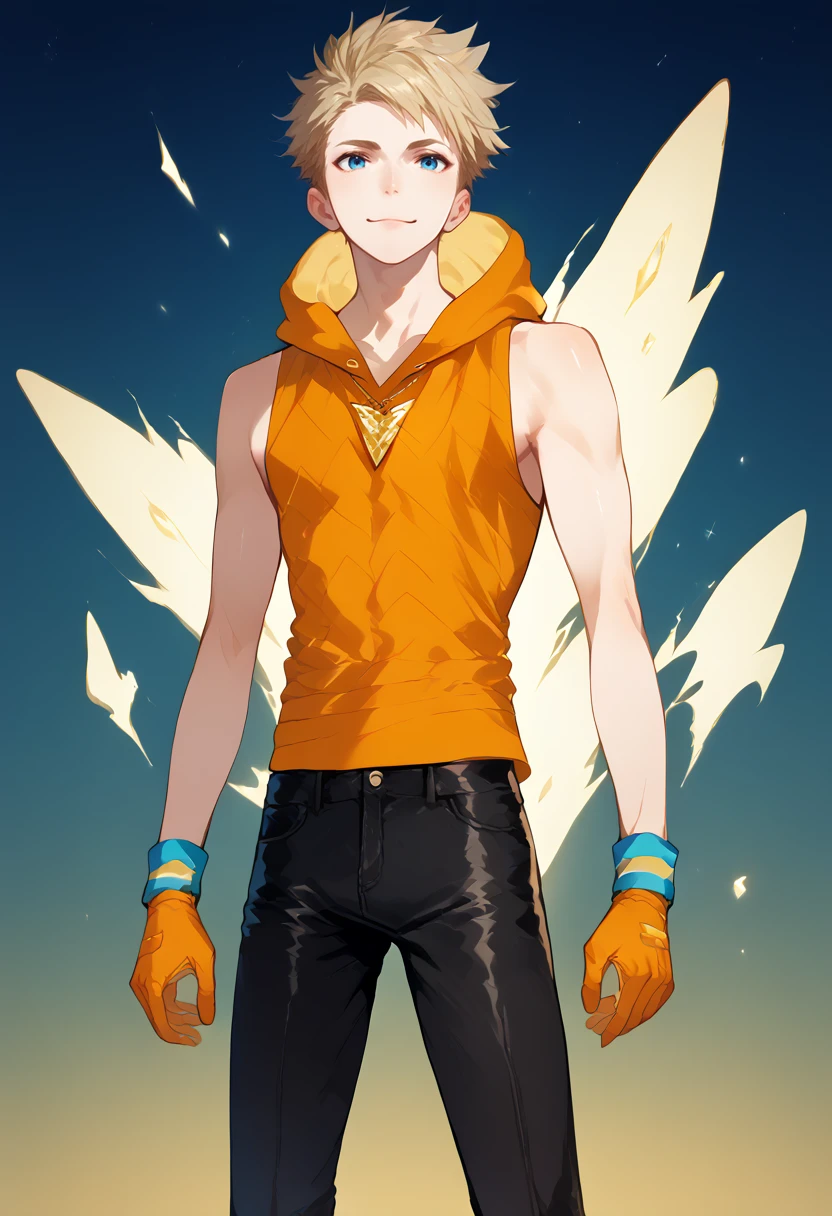 score_9, score_8_up, score_7_up, masterpiece, best quality, amazing quality, best aesthetic, ,absurdres,intricate details,spark_pokemon, blonde hair, blue eyes, orange (sleeveless) hoddie, orange gloves, wristband, black pants, black shoes,necklace, looking at viewer, 1boy<lora:EMS-373804-EMS:0.800000>, <lora:EMS-382826-EMS:1.000000>