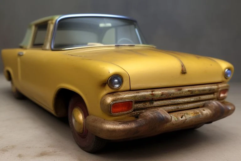 (photorealistic, 4k, 8k, uhd), <lora:Tin_Toy_Cars:0.8>,  a tintoycar manufactured 1965 in China, american luxury car, (extreme primitive design:1), low quality, scratches, dents, glossy paint, faded plastic lights, (background is a sand pit)<lora:loraAnalogOrdinary_loraFile:1>