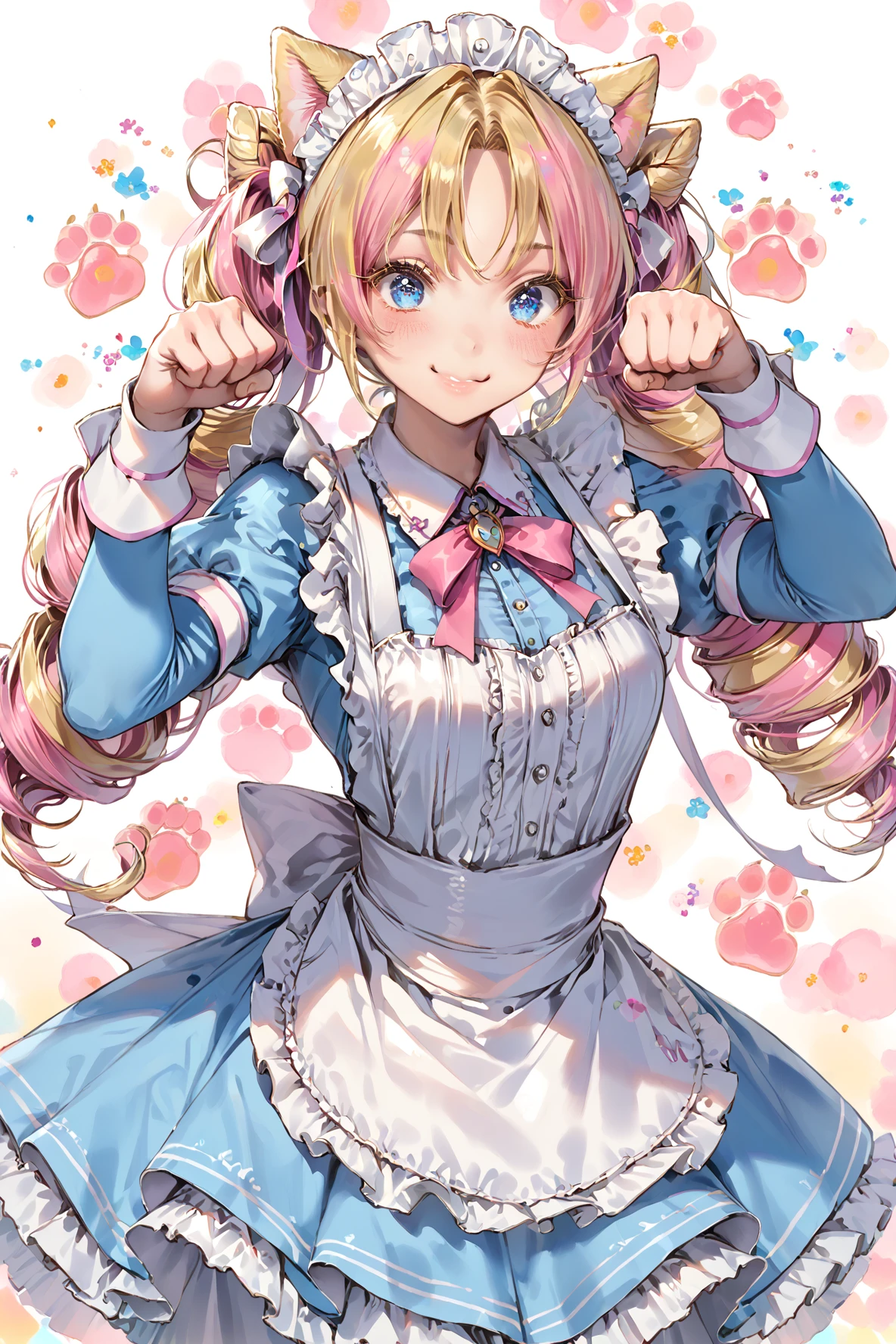 dsmile, 1girl, blue eyes, blush, long eyelashes, multicolored hair, blonde hair, pink hair, twin drills, maid headdress, smile, paw pose, two tone background, <lora:DSmilebrite:0.7> <lora:gwen_cafe_cuties_pony_v1:0.7>