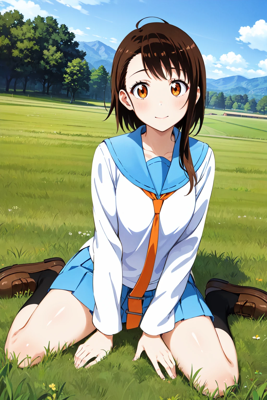 masterpiece, best quality, highres, aakosaki, brown hair, sidelocks, school uniform, blue sailor collar, orange necktie, white shirt, long sleeves, pleated skirt, blue skirt, <lora:onodera_kosaki_v2:0.7>, wariza, grass, field, socks, loafers,