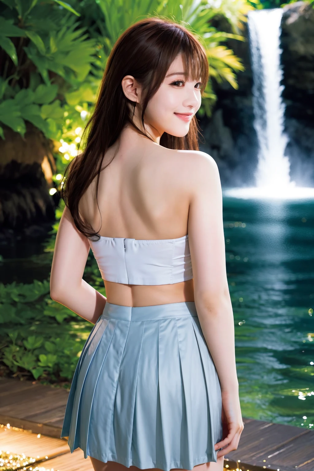 <lora:Minami_Aizawa_kk:1> ,1girl,solo,realistic, light smile,photorealistic,ultra detailed,looking to the viewer,upper body,Minami Aizawa ,crop top, pleated skirt, thighs, Waterfall, nighttime, luminous, powerful, tranquil, starlit ,Back lighting,