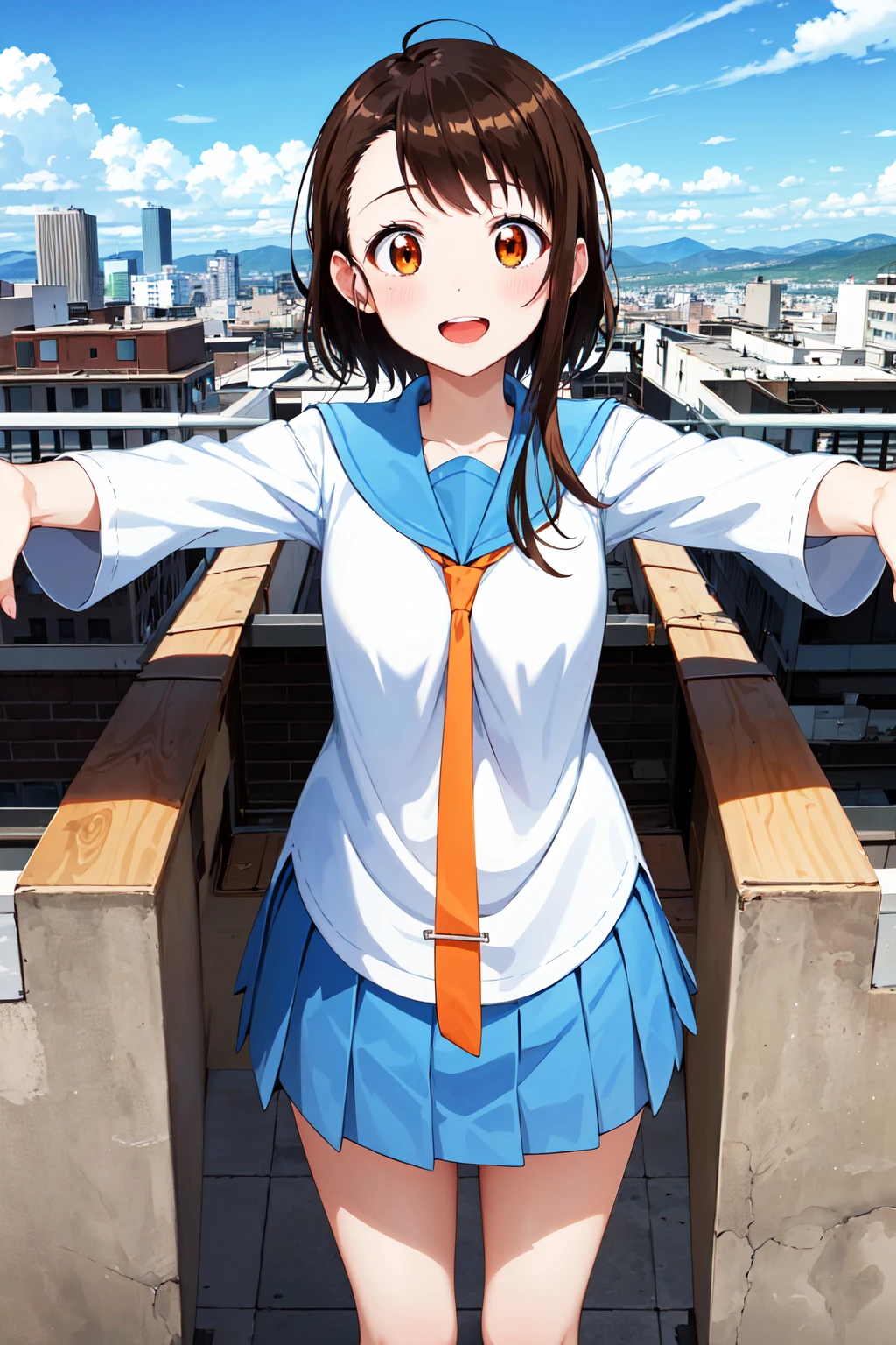 masterpiece, best quality, highres, aakosaki, brown hair, sidelocks, school uniform, blue sailor collar, orange necktie, white shirt, long sleeves, pleated skirt, blue skirt, <lora:onodera_kosaki_v2:0.7>, rooftop, blue sky, city, smile, open mouth, outstretched arms, standing