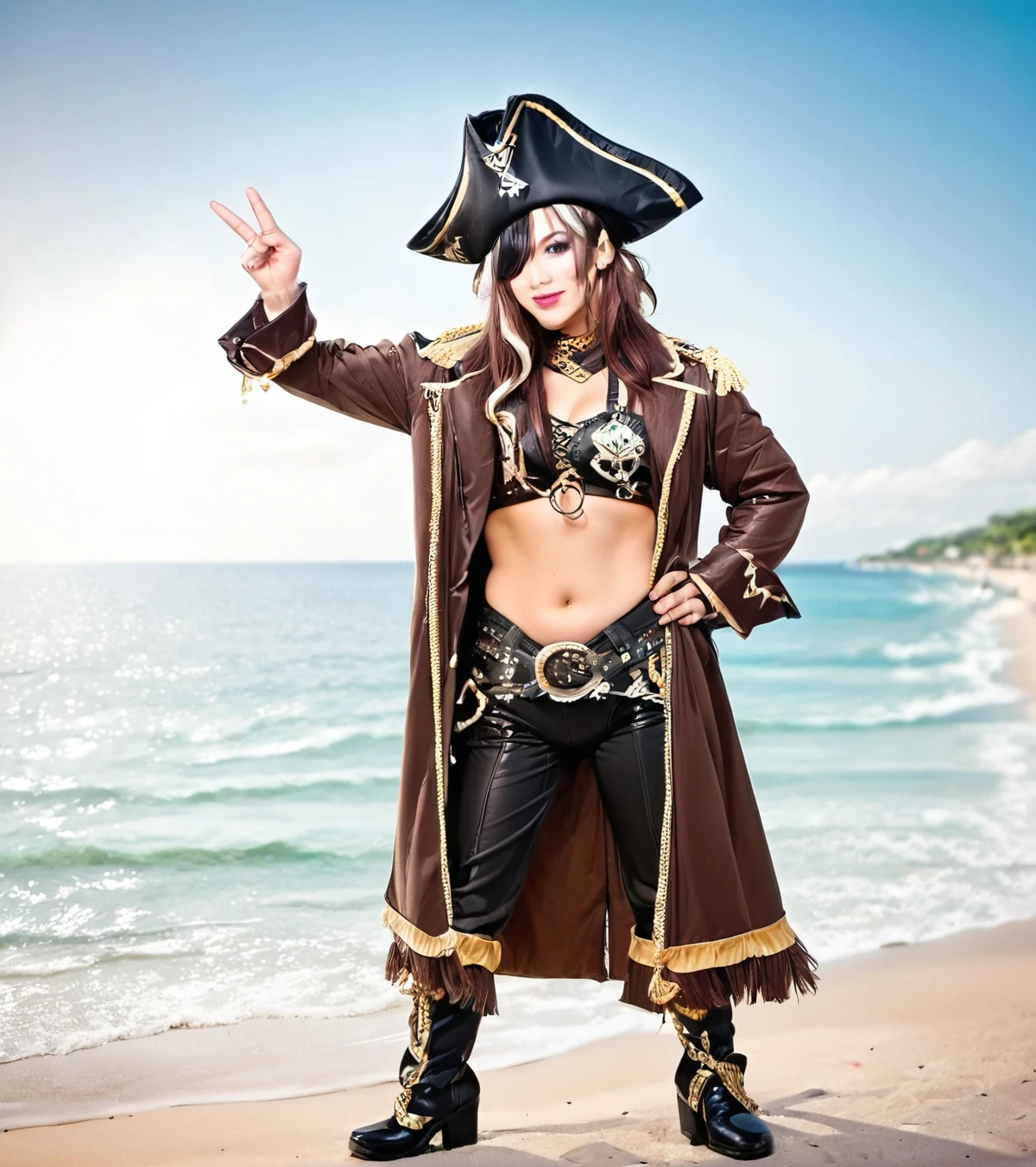 Source_9, Kairi Sane, Hat, standing on beach, pirate coat, treasure chest  <lora:Kairi_Sane_-_Wrestler:1>photo