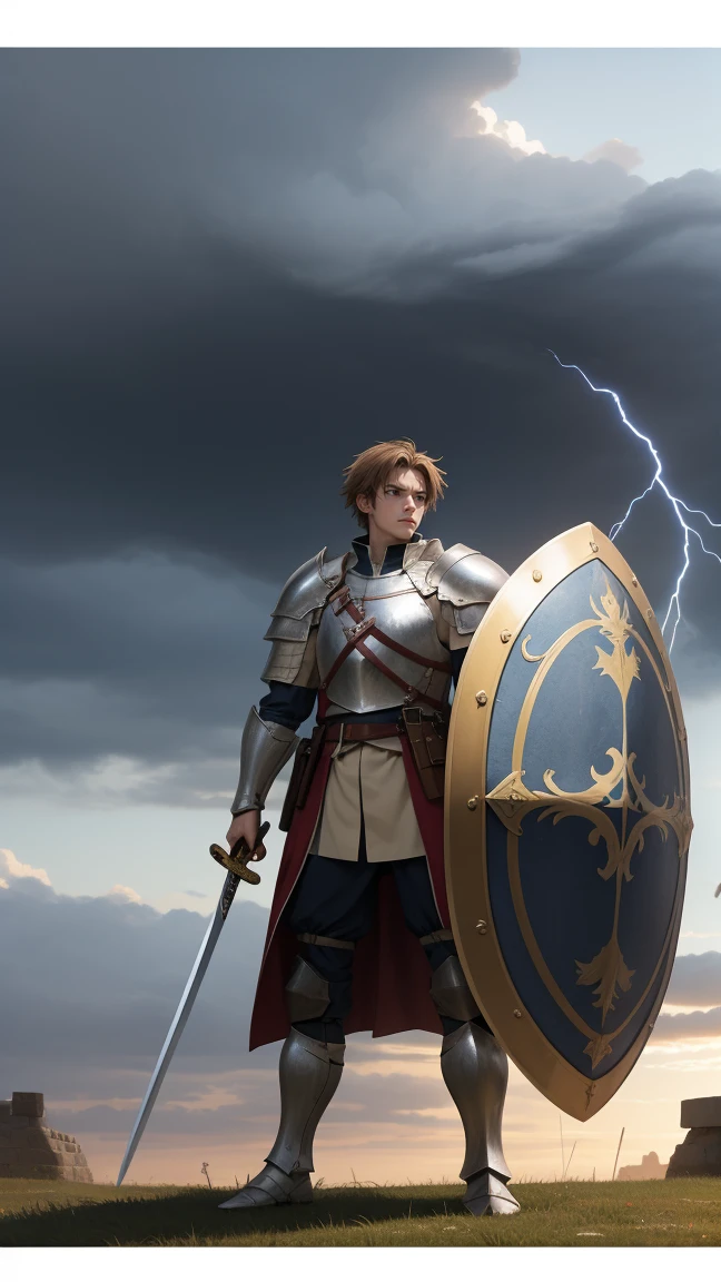 An anime knight in a medieval battlefield, dressed in shining armor with a shield and sword. His hair is short and rugged, and he stands ready for battle. The battlefield is filled with soldiers, banners, and a dramatic sky with storm clouds.