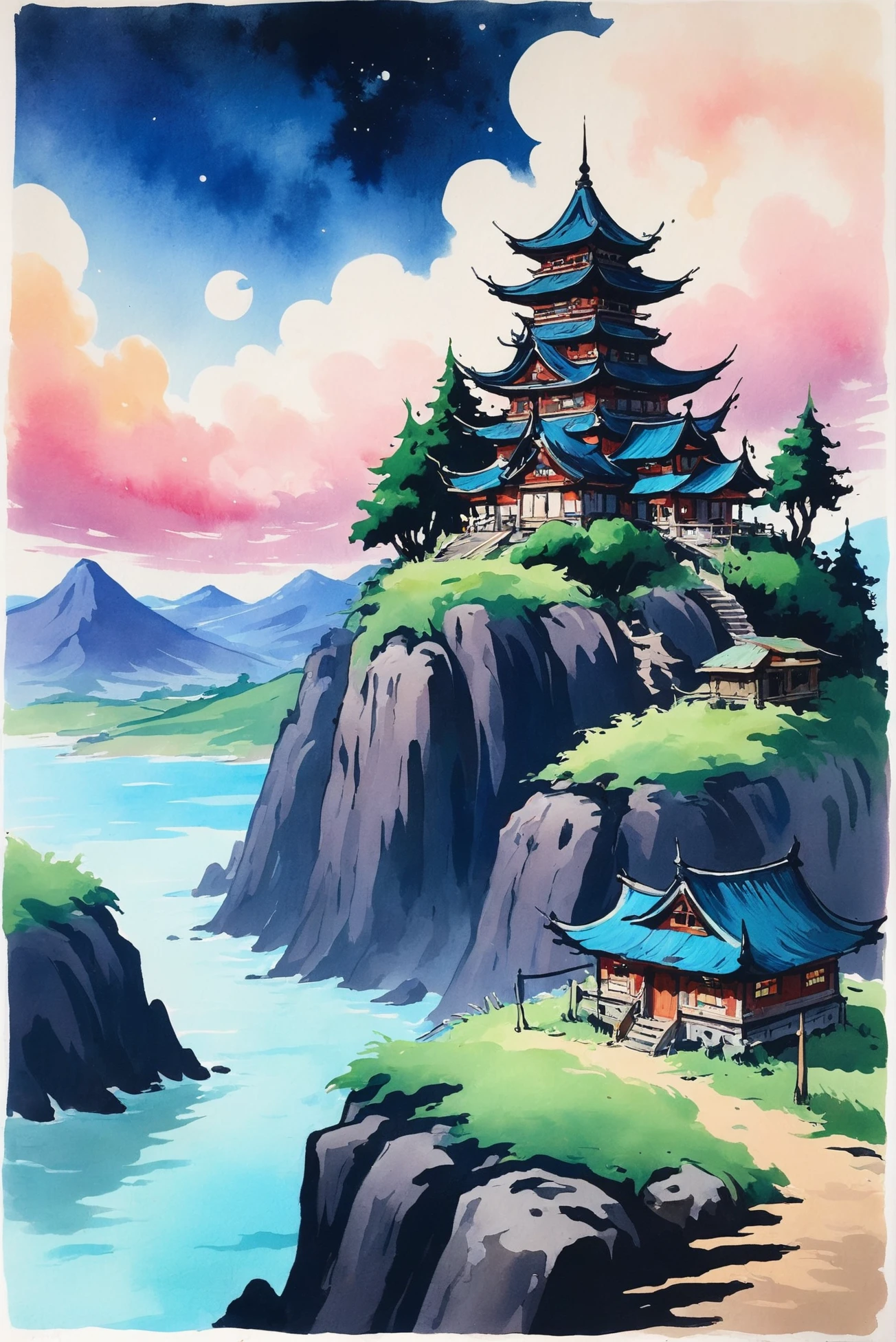 anime watercolor on vellum, sky fantasy settlement outside of the universe<lora:EnvyStarlightAnimeWatercolor02:1.25>