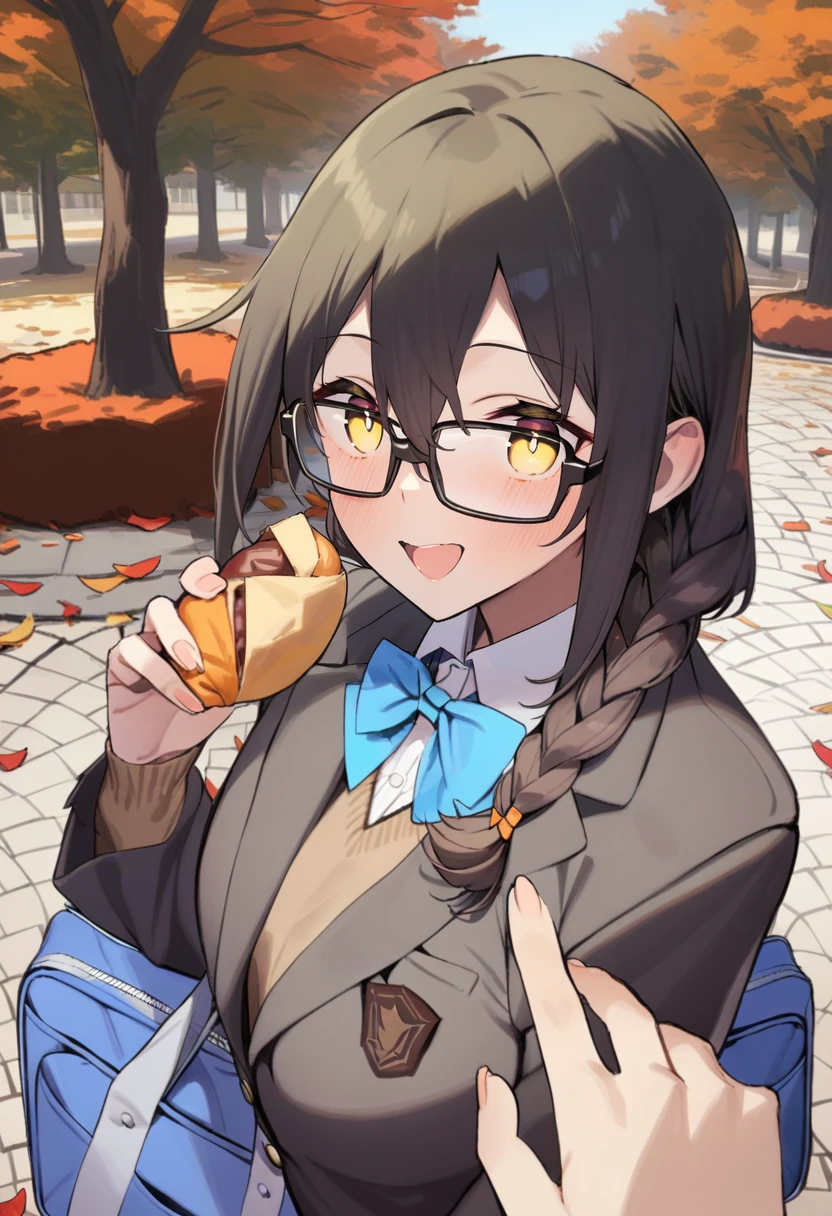 masterpiece, best quality,<lora:92mXL_ANI31_lokr_V4304:0.95> 1girl, glasses, yellow eyes, food, black-framed eyewear, looking at viewer, braid, blush, jacket, black hair, outdoors, school uniform, bag, holding food, pov, long sleeves, open mouth, holding, bow, autumn leaves, solo focus, bowtie, hair between eyes, school bag, smile, black jacket, blue bow, blue bowtie, single braid, sweater, long hair, shirt, tree, brown sweater, blazer, collared shirt, autumn, fingernails, upper body