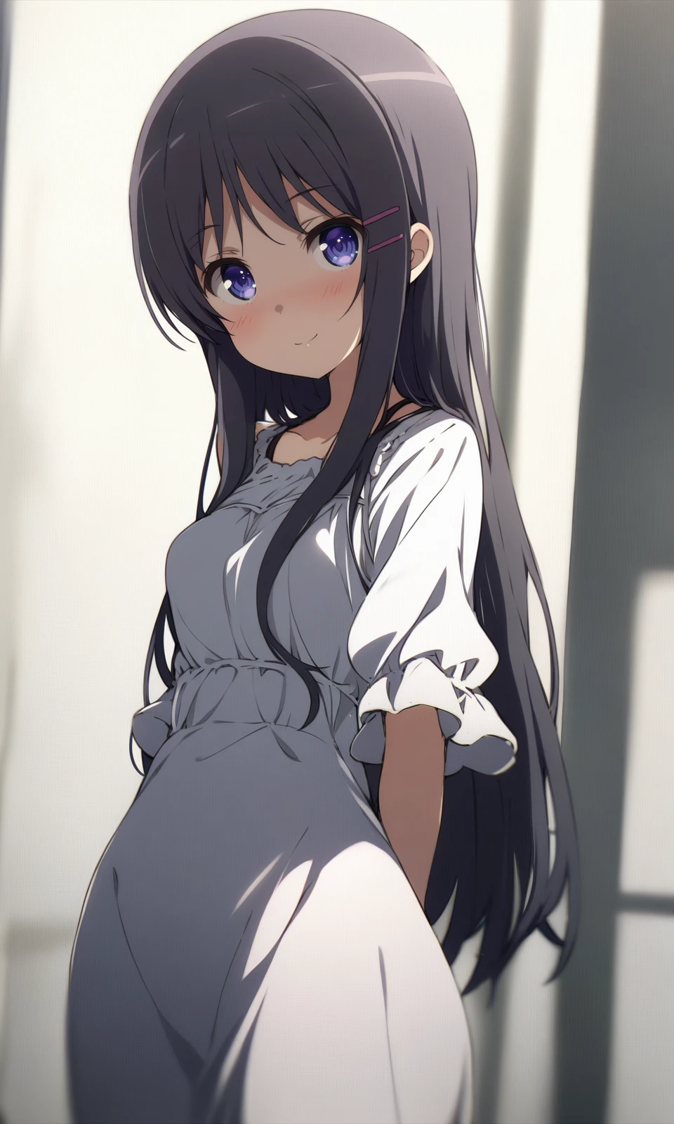 masterpiece, best quality, by ogipote, BREAK
solo, endourino, medium breasts, narrow waist, wide hips, 
casual, white dress, 
looking at viewer, light smile, standing, 
<lora:EndouRino_XL:1>