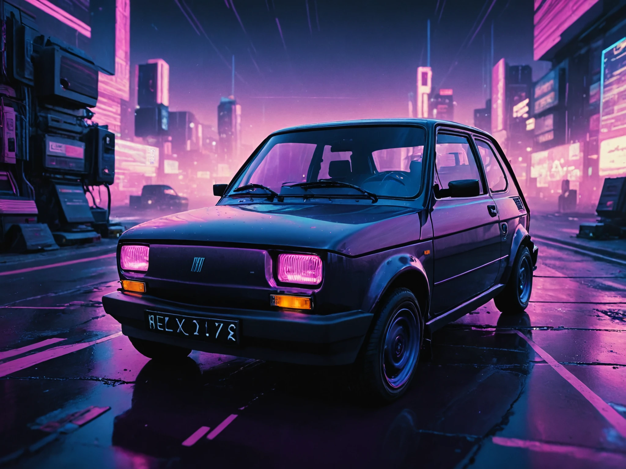 neonpunk style cinematic film still concept art polish 70s compact car, running on highway at dusk, synthwave style, depth of field, 8k, unreal engine 5, volumetric lighting, photorealistic concept art, bladerunner, cyberpunk, cinematic, hyper detailed, epic lighting, 30mm film grain, 3 5 mm, sharp focus   <lora:add-detail-xl:1> <lora:EnvyTroncoreXL01:1> troncore <lora:polish 70s compact car:1> . digital artwork, illustrative, painterly, matte painting, highly detailed . shallow depth of field, vignette, highly detailed, high budget Hollywood movie, bokeh, cinemascope, moody, epic, gorgeous, film grain, grainy . cyberpunk, vaporwave, neon, vibes, vibrant, stunningly beautiful, crisp, detailed, sleek, ultramodern, magenta highlights, dark purple shadows, high contrast, cinematic, ultra detailed, intricate, professional