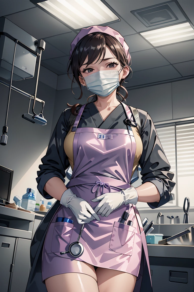 (RAW photo, best quality,facing the viewer,from front), operating room, overhead surgical light,blurred background, focused, dithering,backlighting,
 <lora:Doctor_LatexApron_V2.0:0.8> doctor_latexapron, 1girl, solo, latex apron, surgical mask, gloves