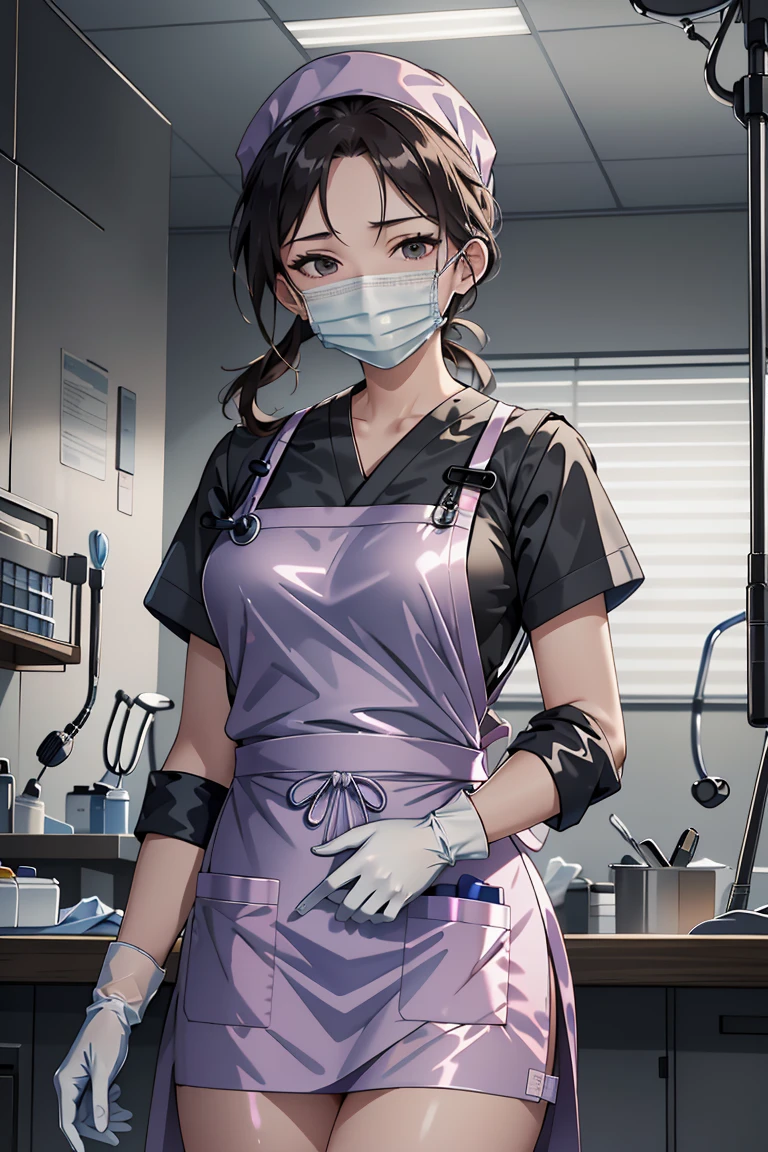 (RAW photo, best quality,facing the viewer,from front), operating room, overhead surgical light,blurred background, focused, dithering,backlighting,
 <lora:Doctor_LatexApron_V2.0:0.8> doctor_latexapron, 1girl, solo, latex apron, surgical mask, gloves