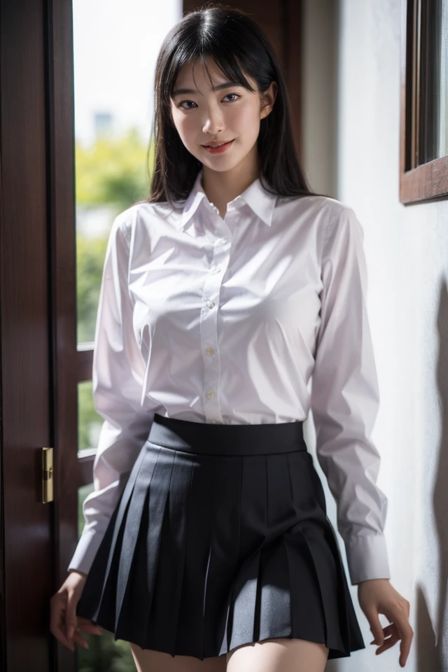 1girl,solo,skirt,shirt,ribbon,white shirt,pleated skirt,looking at viewer,collared shirt,long sleeves,blue skirt,depth of field,
realistic,photo background,looking at viewer,smile,indoors,
looking at viewer,best quality,masterpiece,illustration,an extremely delicate and beautiful,CG,unity,8k wallpaper,Amazing,finely detail,masterpiece,official art,extremely detailed CG unity 8k wallpaper,incredibly absurdres,huge filesize,ultra-detailed,highres,extremely detailed,realistic,,<lora:Coco_20240531003419:0.8>