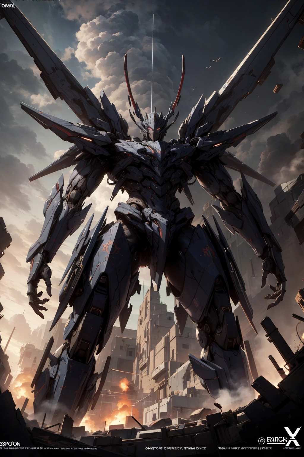 <lora:NidhoggurMecha:1>,, masterpiece, best quality, extremely high detailed, intricate, 8k, HDR, wallpaper, cinematic lighting, ((( poster))), Mecha, from below, spaceship above, explosions in the sky, dutch angle, ,