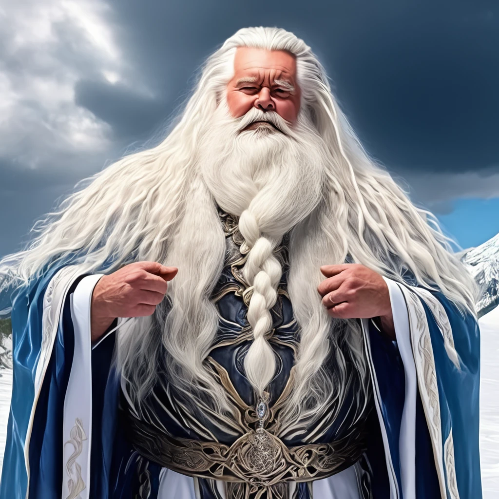 8k portrait photo of an old wizard casting a spell  ,snowy mountain top,  lightning storm, silver circlet and rings with diamonds and sapphires, huge braided white beard, long wavy windswept white hair, raised arms, dramatic gesture, blue and white robes, bushy eyebrows, male focus, bara, daddybear, obese, musclebound, huge biceps, , swirling thunderclouds, blizzard,  dramatic lighting, hyperrealistic, detailed background <lora:Big_Braided_Beards:1> <lora:Dynamic Poses:1>