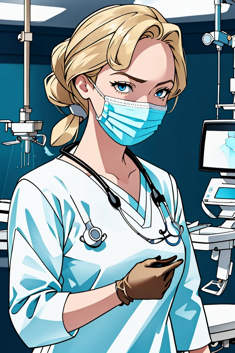 (RAW photo, best quality,facing the viewer,from front), operating room, overhead surgical light,blurred background, focused, dithering,backlighting,
 <lora:helga:0.8> helga 1girl,1girl,solo, blonde hair, makeup, blue eyes,
 <lora:Doctor_Surgeon_Bloody_Uniform_V2.0:0.8> doctor_surgeon_uniform_bloody_a, 1girl, solo, gloves, blood, blood on clothes, surgical mask, stethoscope, doctor, looking at viewer, blood splatter,