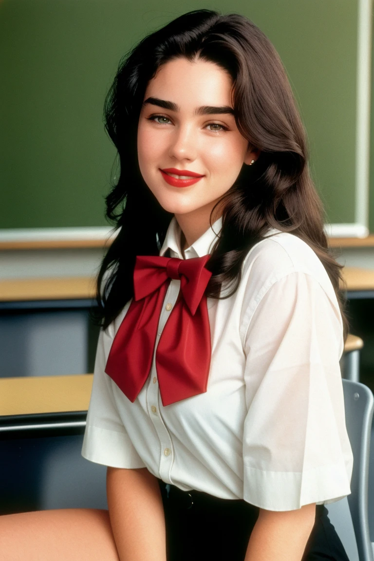 jencon-264 , ,photo of a woman, RAW, close portrait photo, ((bowtie, shirt)),((short hair)), ((classroom, sitting)), slim body, ((detailed skin, detailed face):1.2), ((detailed eyes, beautiful eyes)), 8k uhd, dslr, soft lighting, high quality, film grain, Fujifilm XT3 sharp focus, f 5.6,((red lipstick, blush)) , slight smile