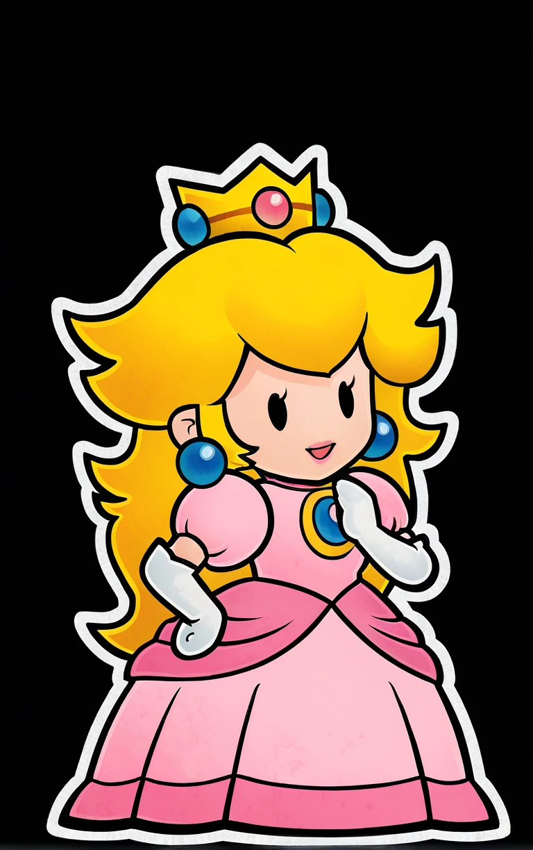 score_9, score_8_up, score_7_up, looking at viewer, BREAK
Main_PaperPeech_ownwaifu,
1girl, princess peach, blonde hair, pink dress, crown, elbow gloves, jewelry, long hair, earrings, chibi, outline, gem, white gloves, long dress, puffy short sleeves, solid oval eyes
(contrapposto, hand on hip),
<lora:PONYXL_PaperPeech_ownwaifu:1>