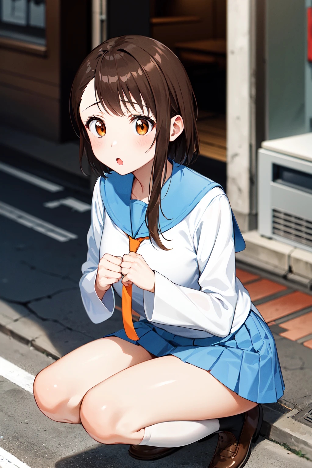 masterpiece, best quality, highres, aakosaki, brown hair, sidelocks, school uniform, blue sailor collar, orange necktie, white shirt, long sleeves, pleated skirt, blue skirt, <lora:onodera_kosaki_v2:0.7>, street, squatting, :o,