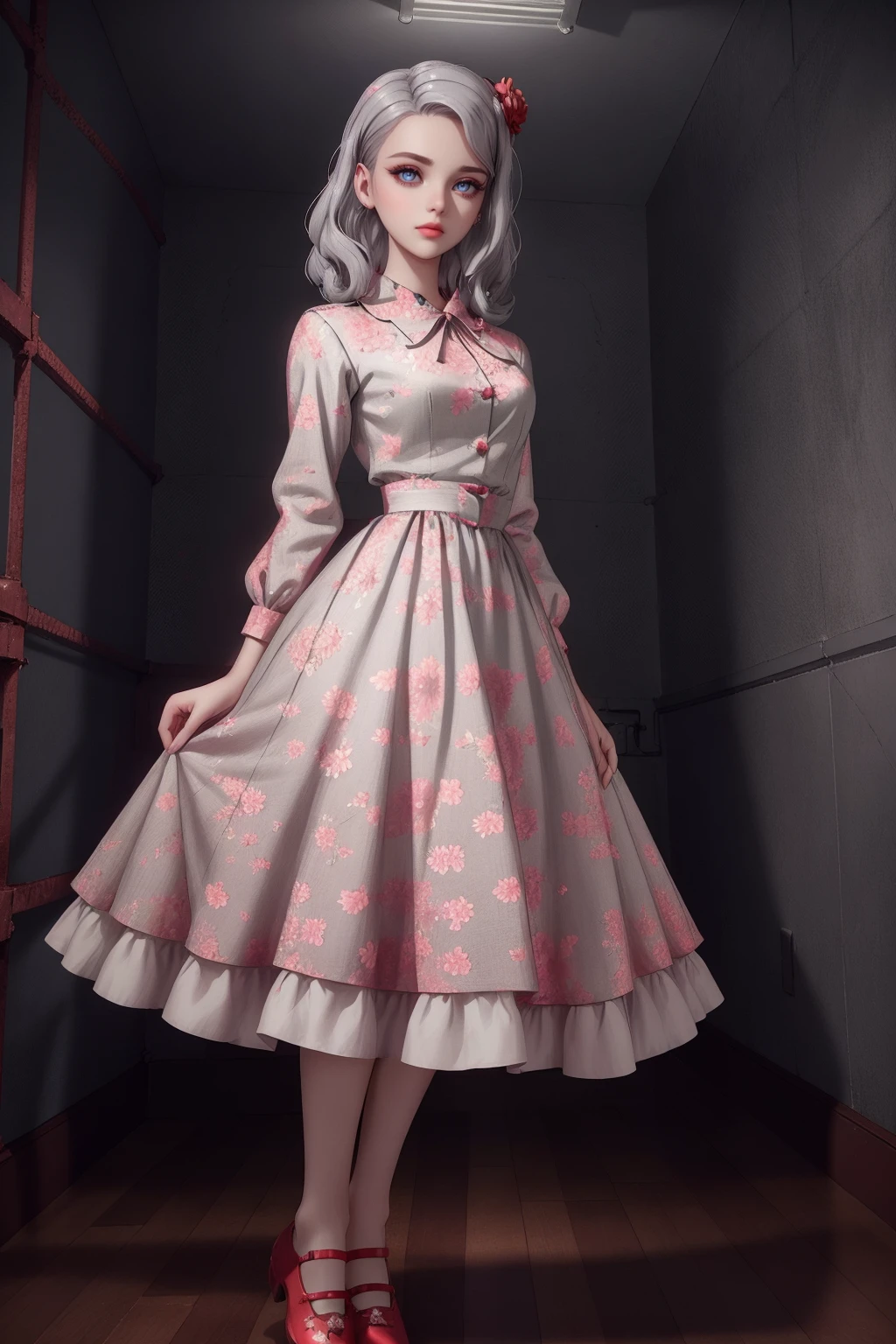 1950s Fashion, 1950sfloraldress, professional 3d model of 24yo female in red (floral print) dress, clothing details, (shoes), (posing), (light gray) hair, 4k, 8k, high quality, perfect lighting, detailed face and detailed eyes, skin detail,  solo focus, ((jail)),  clean smooth skin, looking at camera, detailed eyes, pretty face, full body posing, hands, (Kristen Steward,Kate Mara,Eve Hewson as 24yo female:0.8), <lora:1950sfloraldress-000002:0.7>