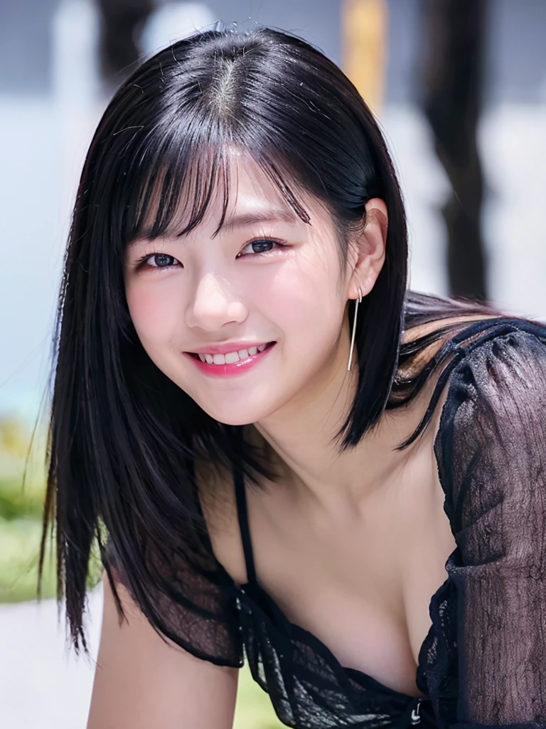 (RAW photo,best quality,realistic,photo-realistic:1.4),extremely detailed,8k wallpaper,Amazing,ultra-detailed,highres, 1girl, solo, looking at viewer, black hair, jewelry, upper body, earrings, white dress, blurry, grin, black eyes, lips, blurry background, makeup, portrait, realistic, asian, photorealistic, kooo123, jeongyeon, medium hair <lora:JEONGYEON_006:0.8>