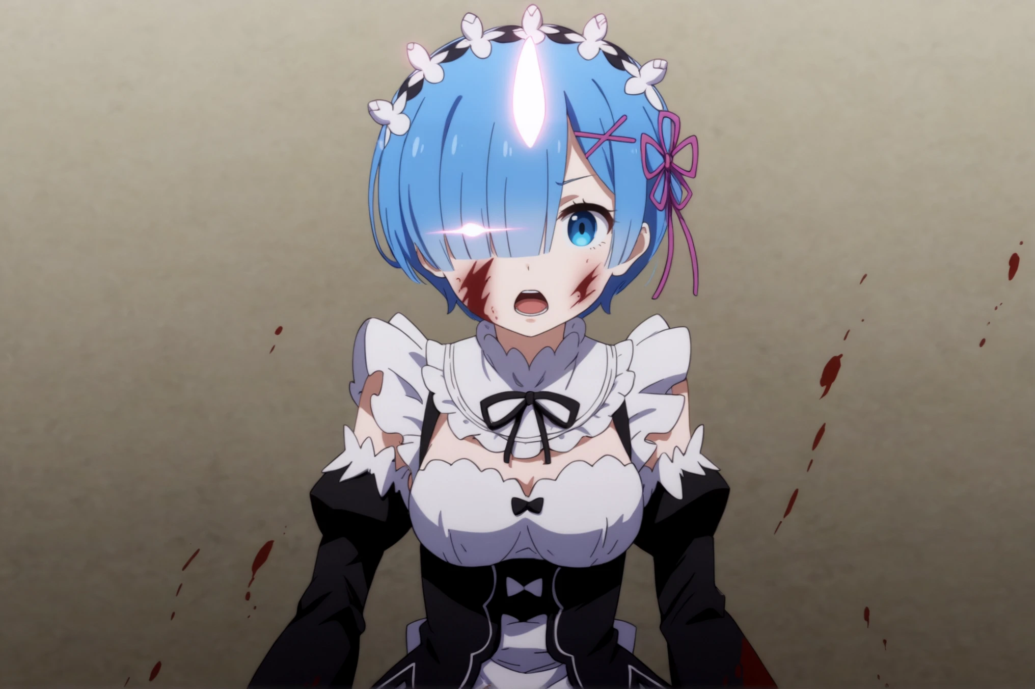 rating_all, score_10, score_8_up, score_7_up, Rem, Shutara Senjumaru, extra_arms, 1girl, solo, looking at viewer, open mouth, short hair, blue eyes, hair ornament, ribbon, blue hair, horns, hair over one eye, maid, blood, glowing, x hair ornament, single horn, blood on face, glowing eye, roswaal mansion maid uniform, glowing horns <lora:Rem:0.7>