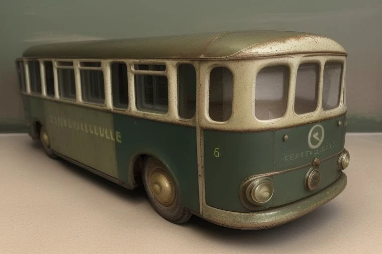(photorealistic, 4k, 8k, uhd), a tintoycar, manufactured in 1950, <lora:Tin_Toy_Cars:0.8>, (french trolley Bus, dark green paint with white and beige lithographic print), scratches, dents, heavily used, chipped paint, faded plastic lights, background is a sand pit, <lora:loraAnalogOrdinary_loraFile:1>