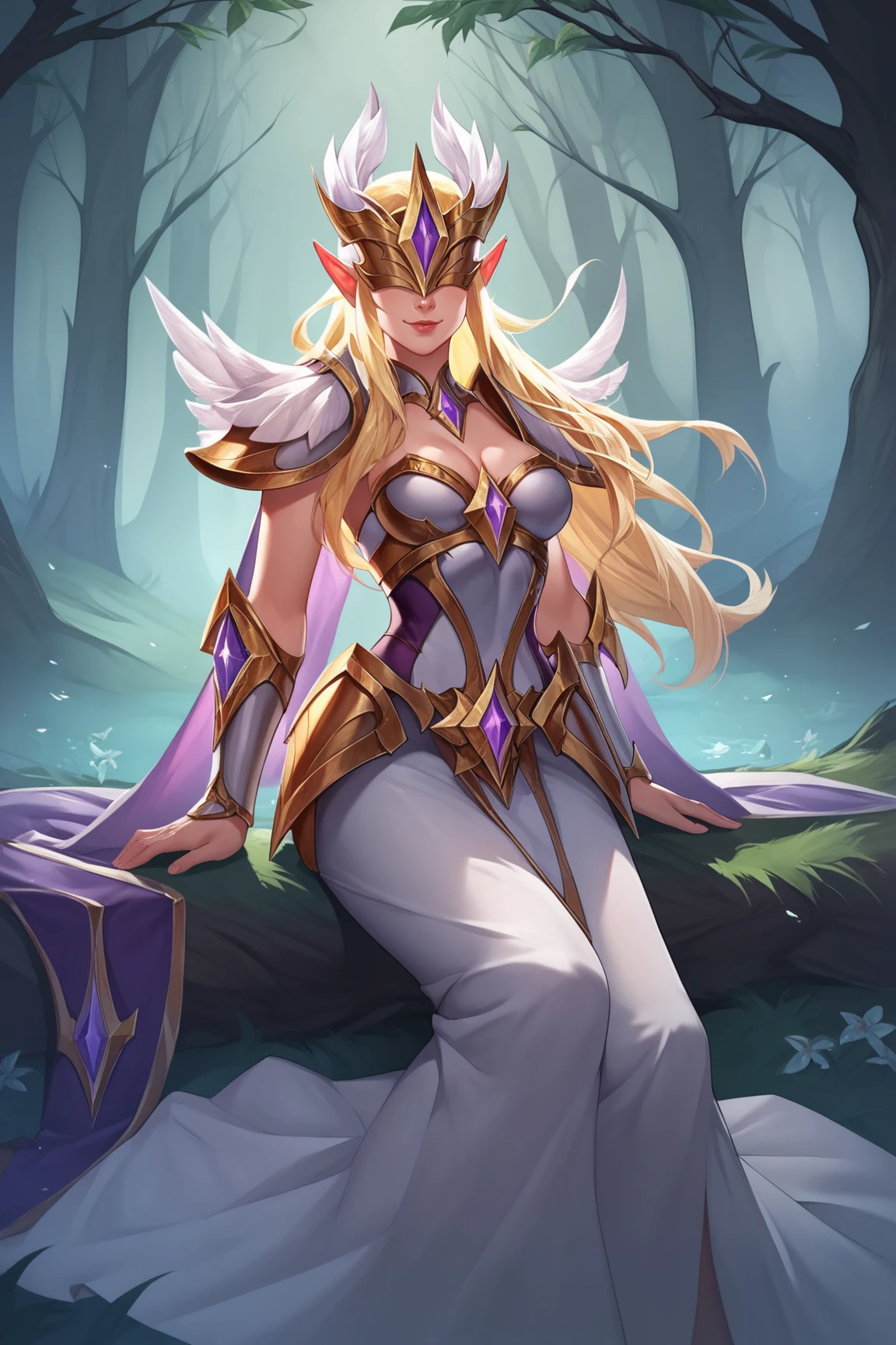 score_9, score_8_up, score_7_up, score_6_up, score_5_up, score_4_up, IlumiaAOVXL, blonde hair, sidelocks, long hair, pointy ears, covered eyes, winged helmet, helmet with purple jewel, medium breasts, purple cape, golden armor, shoulder armor, cleavage, breastplate, white dress, armored dress, vambraces, hip vent, white skirt, long skirt, solo, sitting, seductive smile, looking at viewer, forest, tree <lora:IlumiaAOVXL:0.8>