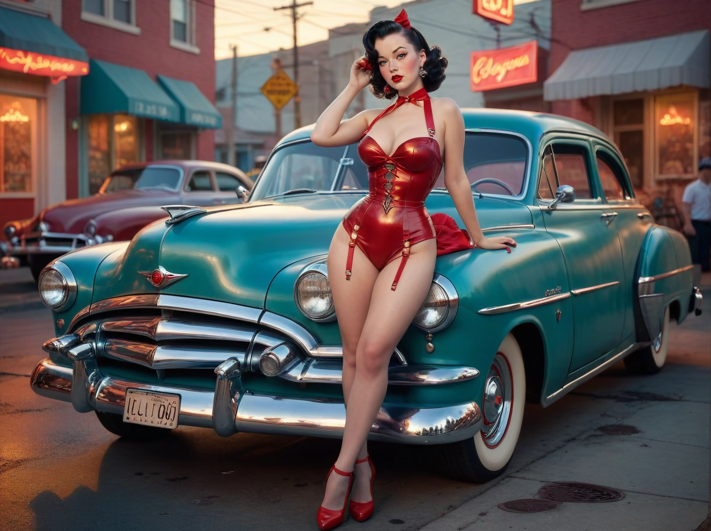 romanticism art,( full body shot art stylized by Gil Elvgren:1.6),Ross Tran,Cyberpop,strong lighting,F/1.8,extremely Disgusting,in the street,vintage car
