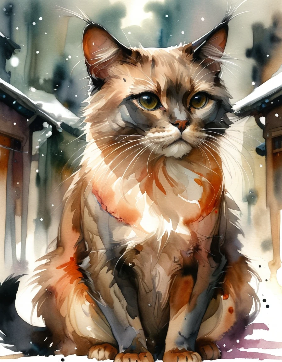 by Dustin Nguyen, painting, Burmese Cat, wearing ral-wtrclr, Snowing, Comic book art, detailed linework, atmospheric storytelling, <lora:ral-wtrclr:0.88>, beautiful, original, very coherent, atmosphere, full color, highly detailed, set logical ambient background