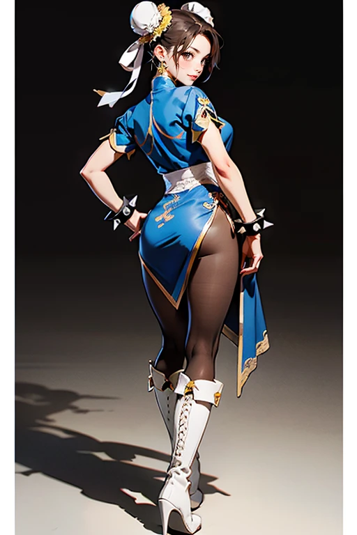 chunli,chun-li,1girl,dress,solo,short sleeves,jewelry,pantyhose,spiked bracelet,double bun,hair bun,puffy short sleeves,boots,puffy sleeves,bracelet,china dress,spikes,looking back,white footwear,full body,chinese clothes,bun cover,brown hair,breasts,looking at viewer,ass,earrings,brown eyes,pelvic curtain,lips,knee boots,bangs,blue dress,from behind,brown pantyhose,hand on hip,standing,sash,shiny,smile,shiny hair,high heels,closed mouth,large breasts,shiny clothes,side slit,cross-laced footwear,high heel boots,thighs,makeup,pink lips,