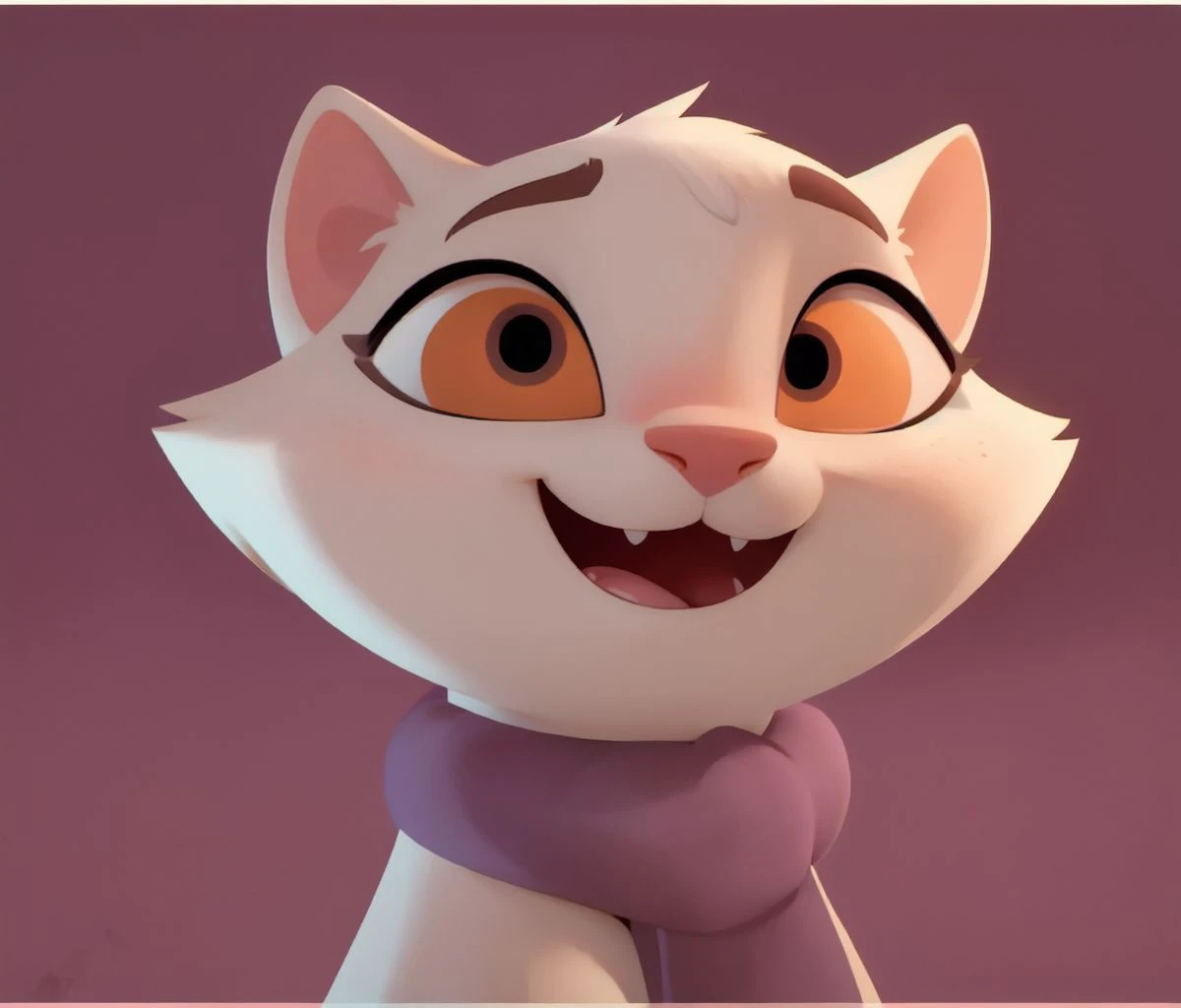samantha the cat, female, cat, beige white fur, feral, cartoon, yellow eyes, portrait, close up, <lora:Samantha_the_Cat:0.7>, happy, open mouth, excited, wide eyes, 3d, pink background, blue best, red ribbon:1.2, <lora:disney:1>,