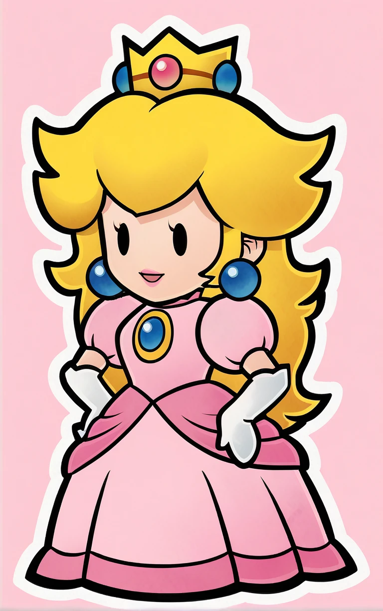 score_9, score_8_up, score_7_up, looking at viewer, BREAK
Main_PaperPeech_ownwaifu,
1girl, princess peach, blonde hair, pink dress, crown, elbow gloves, jewelry, long hair, earrings, chibi, outline, gem, white gloves, long dress, puffy short sleeves, solid oval eyes
(contrapposto, hand on hip),
<lora:PONYXL_PaperPeech_ownwaifu:0.9>