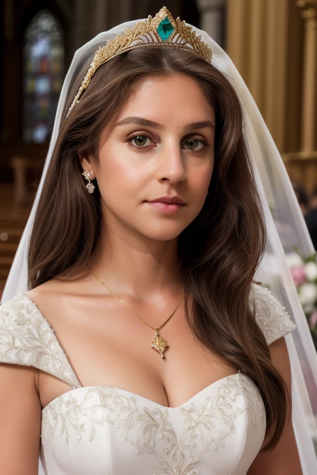 <lora:seema_shah:0.7> 1girl, (looking at viewer:1.1), close-up, young, bride, white wedding dress, big diamond tiara, veil, diamond embroidery, portrait, gold jewelry, diamond earrings, beautiful face, solo, realistic, long brown hair, pink pouty lips, portrait, jewelry, necklace, greenish brown eyes, perfect eyes, high resolution, ultra detailed, best quality, masterpiece, indoors, cathedral, church, soft lighting, perfect hair, soft shadows, closed mouth
