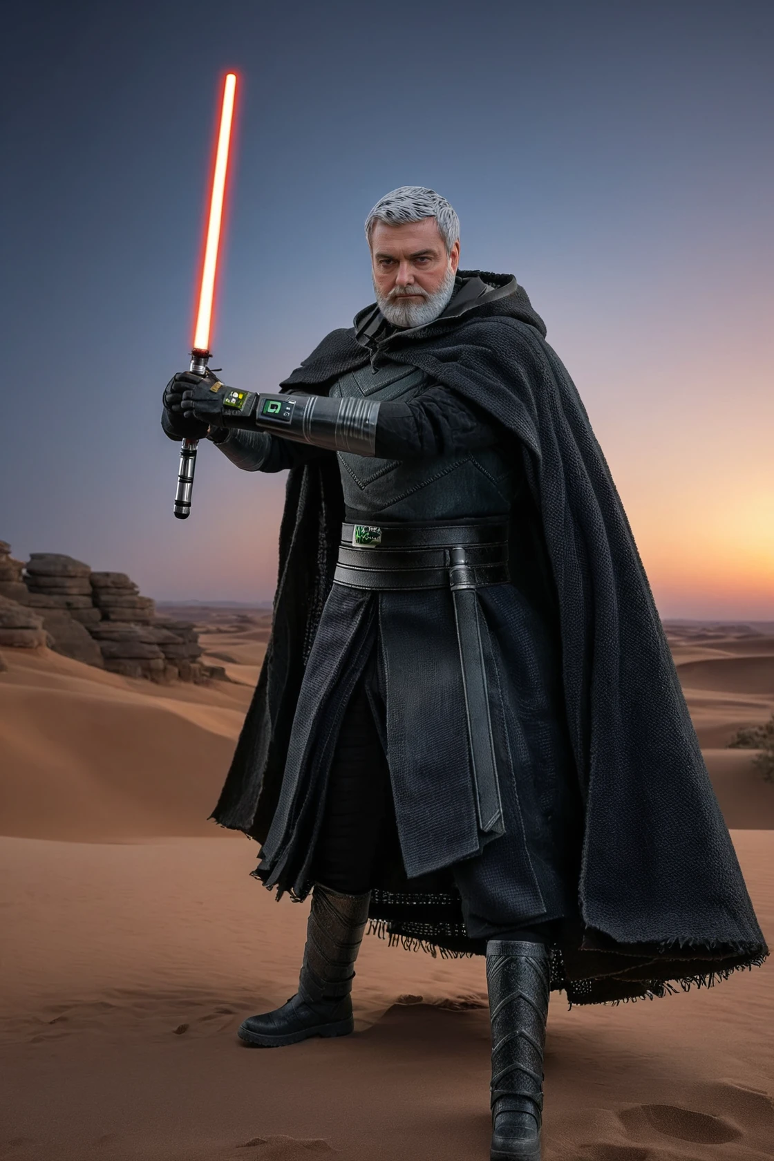 (full body shot1.5) of Baylan Skoll <lora:Baylan_Skoll:1>, dynamic action pose holding a red lightsaber, wearing black jedi clothing and cloak with hood, (sharp focus, highly detailed, 4k, 8k, best quality, masterpiece, ultra highres:1) , cinematic shot + photo taken by canon, photo taken by kodak + incredibly detailed, incredibly realistic + professional lighting + cinematography, strong lighting, strong shadows, hyper realism, 8K quality, background of star wars style desert planet at sunset, <lora:star wars style:0.4>