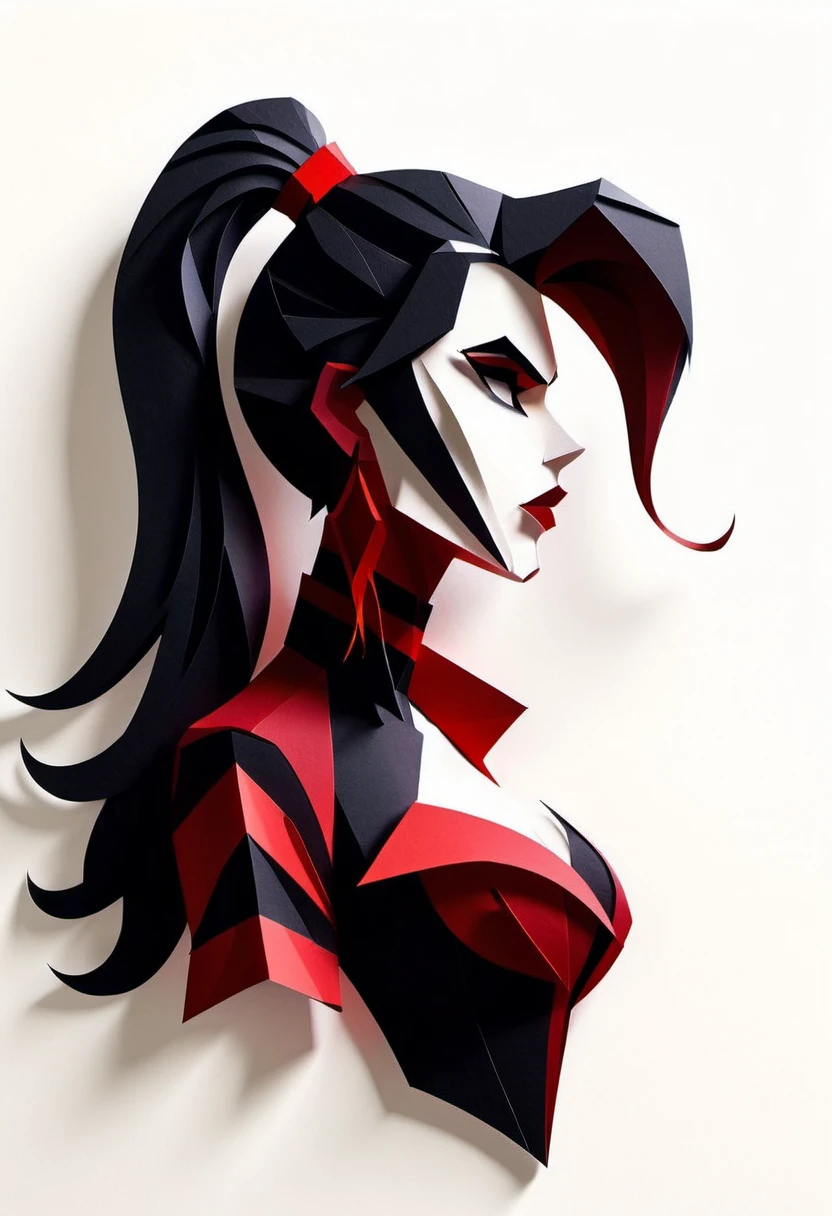 ConstructionPaper, a stylized illustration of a woman's profile with long hair, wearing a red and black jacket and a red choker around her neck, in the style of low - poly art. pg13 _ rating