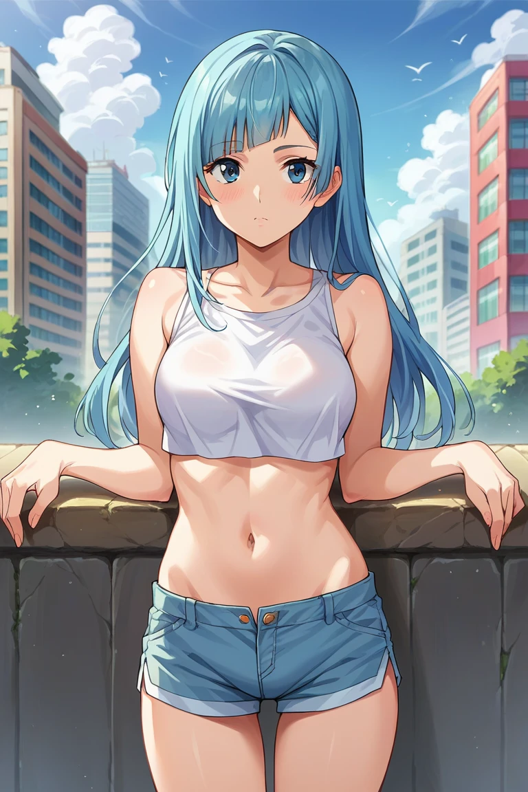 score_9, score_8_up, score_7_up, score_6_up, score_5_up, score_4_up, rating_questionable, , source_anime, digital illustration, pixiv, fanbox, uncensored, , BREAK, official art,
1girl, solo,, female, kasumi miwa, blue hair, blue eyes, straight hair,
crop top, shorts, navel, groin, city, buildings, cowboy shot,, outdoors, looking at viewer, colorful, vivid,, <lora:Kasumi_Miwa_Pony-10:0.9>