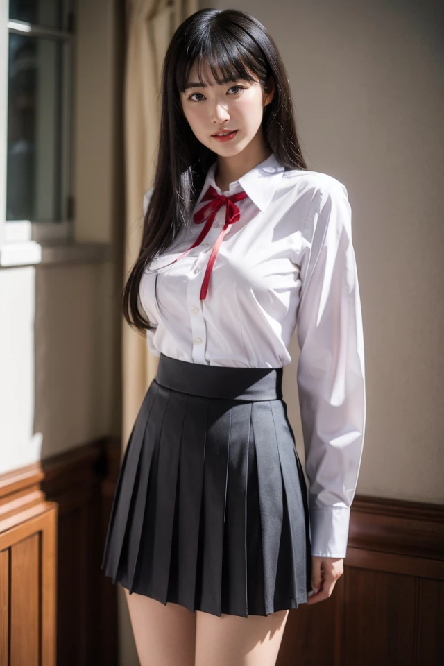 1girl,solo,skirt,shirt,long hair,flower,ribbon,white shirt,outdoors,parted lips,pleated skirt,bangs,looking at viewer,realistic,collared shirt,red ribbon,neck ribbon,long sleeves,day,blue skirt,black hair,arms behind back,school uniform,standing,cowboy shot,brown eyes,brown hair,black eyes,shirt tucked in,depth of field,blunt bangs,
realistic,photo background,looking at viewer,smile,indoors,
looking at viewer,best quality,masterpiece,illustration,an extremely delicate and beautiful,CG,unity,8k wallpaper,Amazing,finely detail,masterpiece,official art,extremely detailed CG unity 8k wallpaper,incredibly absurdres,huge filesize,ultra-detailed,highres,extremely detailed,realistic,,<lora:Coco_20240531003419:0.8>