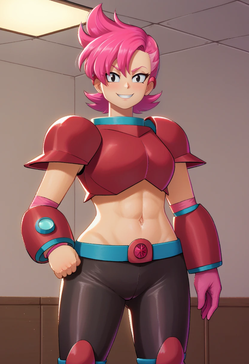 score_9,score_8_up,score_7_up,score_9,4k,HD,8k,highres,antialiasing,detailed,texture,lineart,full color,cinematic lighting BREAK <lora:redreaction:1>,redaction,1girl,solo,smile,short hair,one glove,navel,pink glove,pink hair,midriff,belt,armor,black eyes,crop top,bike shorts,shoulder armor,pauldrons,knee pads,shoulder pads,cowboy shot,room,room background,looking at viewer,