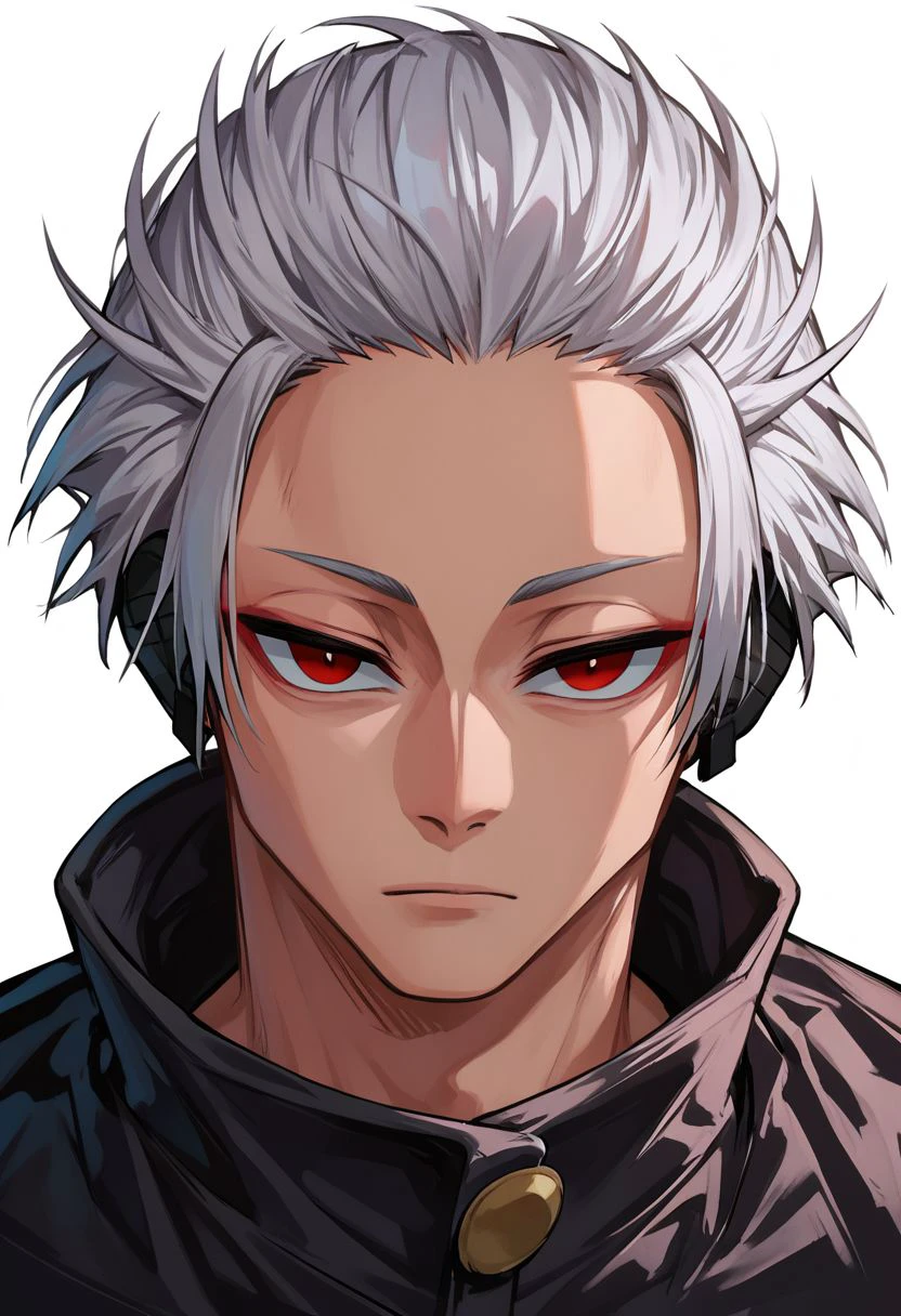 score_9, score_8_up, score_7_up, score_9,4k, HD, 8k, highres, BREAK, 1boy, solo, emotionless, tilting head, Gaku, silver hair, short hair, slanted eyes, red eyes, earrings, ear piece, bandaged hands, black jacket, high collar, black pants, arms at sides, half body, looking at viewer, white background, Sainttufa