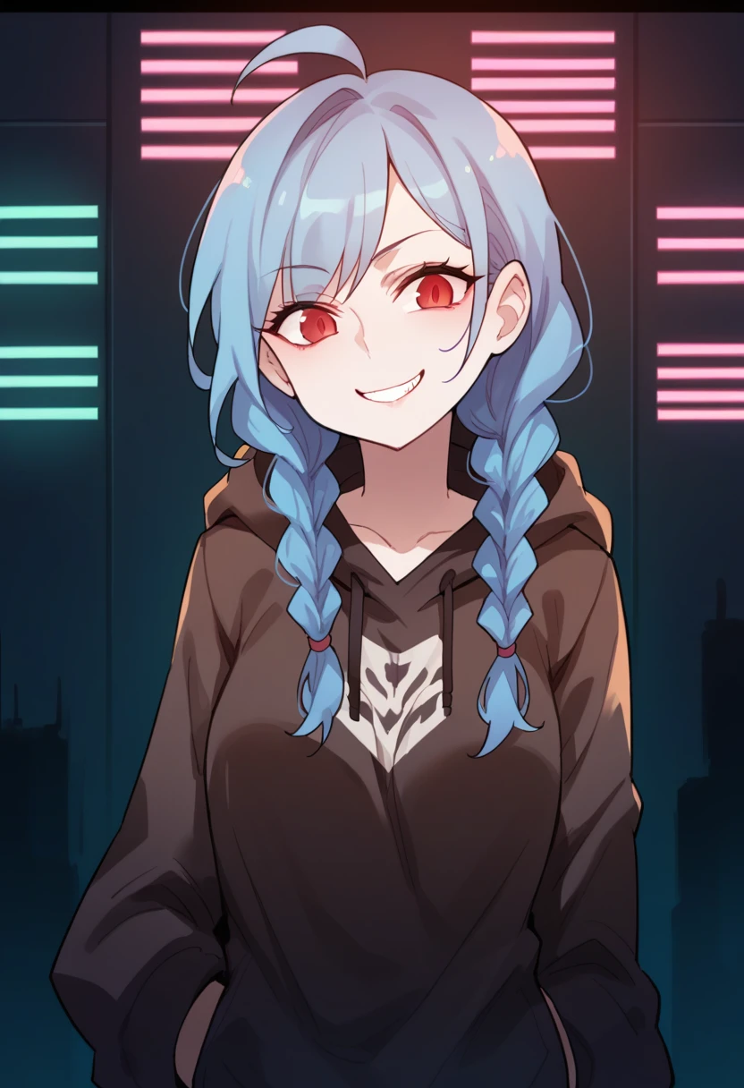 score_9,score_8_up,score_7_up,1girl,long hair,twin braids,blue hair,ahoge,hooded_sweater,laboratory,neon lights,evil smile,evil,
<lora:DOPL_01-40:1.2>,