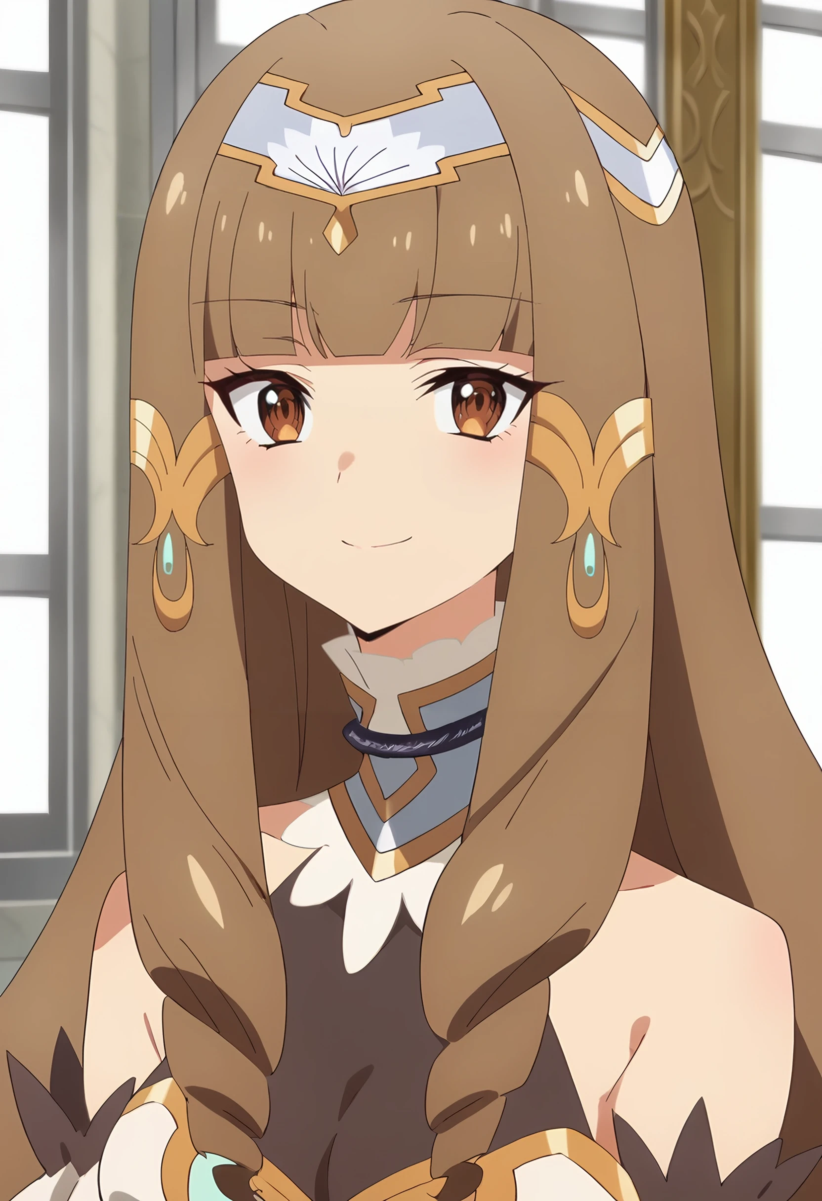 <lora:Elizabeth Klyrode:0.9> elizabeth klyrode, 1girl, brown hair, long hair, blunt bangs, brown eyes, solo, drill hair, bare shoulders, hair ornament, jewelry, tiara, upper body, looking at viewer, smile , medium breasts, score_9, score_7_up,anime coloring ,source_anime, anime