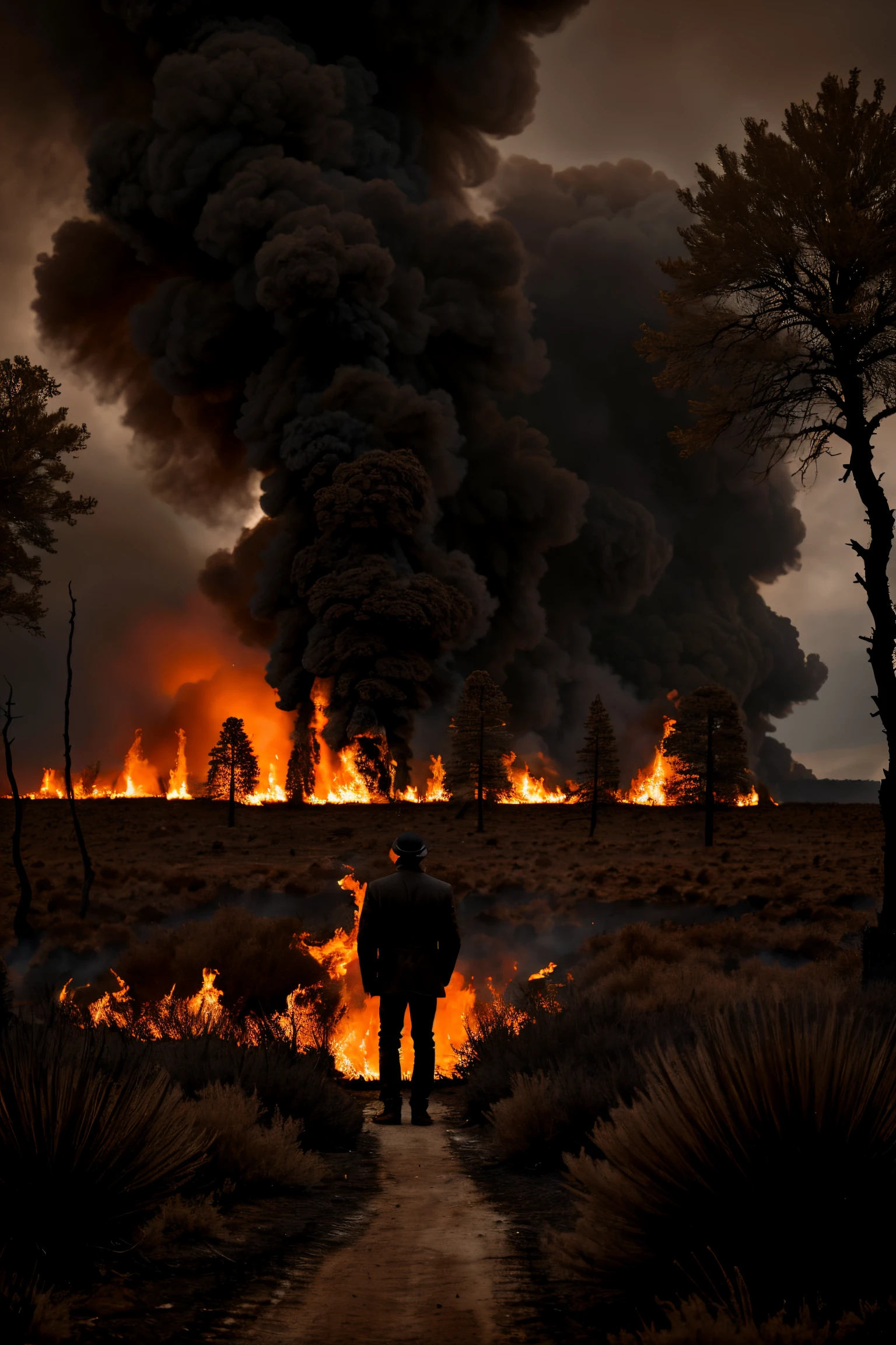 Medium long view photorealistic highly detailed 8k masterpiece, (Lone man in melancholy near burnt landscape:1.2), Symmetrical structure, Devastated woodland scene, Regretful stance, (Devastated terrain:1.3), Charred remains, Gloomy skies, Melancholic environment, Sorrowful countenance, (Intense sorrow:1.3)