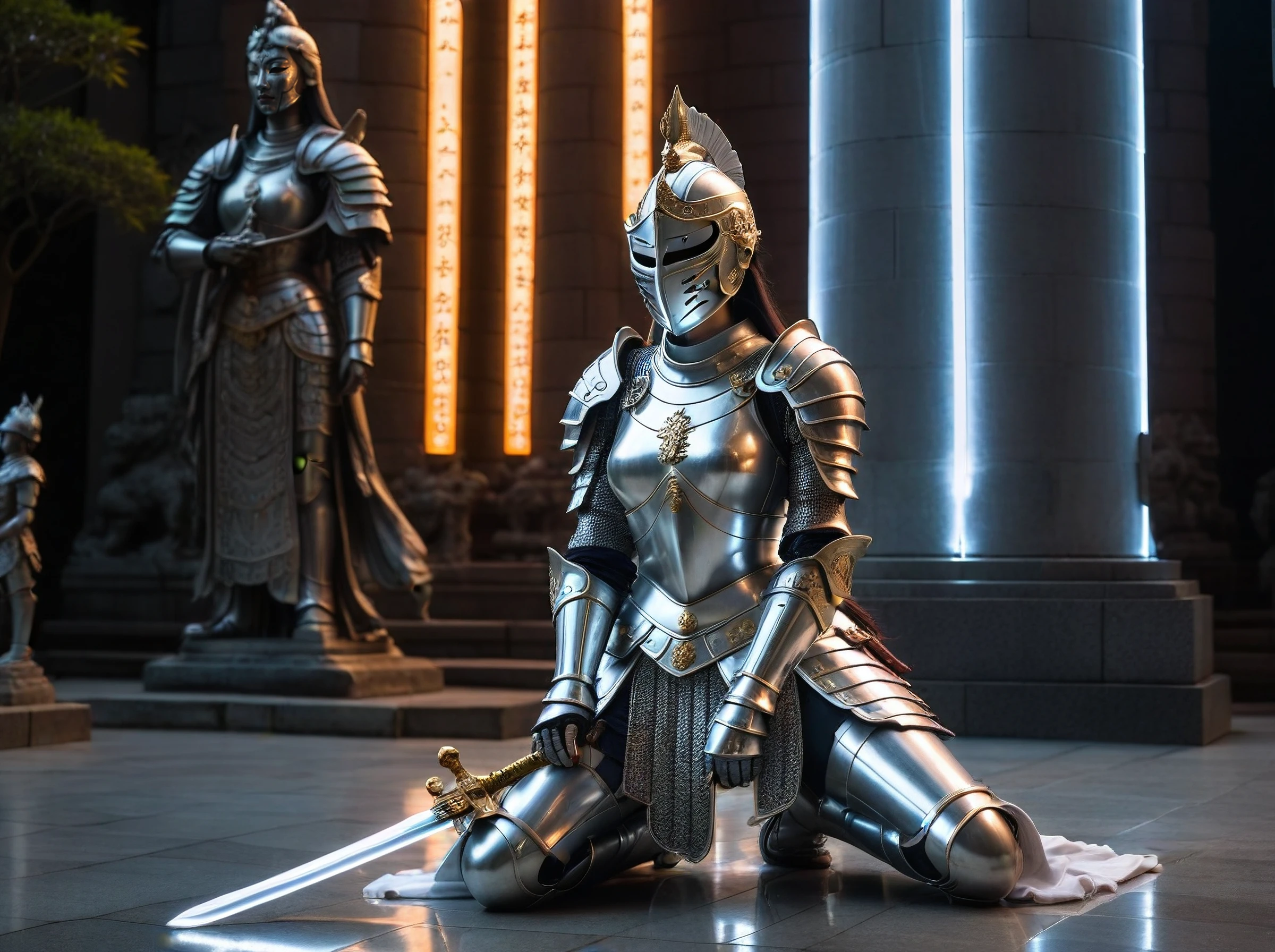 Praying before a statue of a deity,a female knight wearing a silver armor,mask,glowing greatsword,Dedicated to the gods,kneeling,reflective light,a celestial beam of light,hkstyle,neon