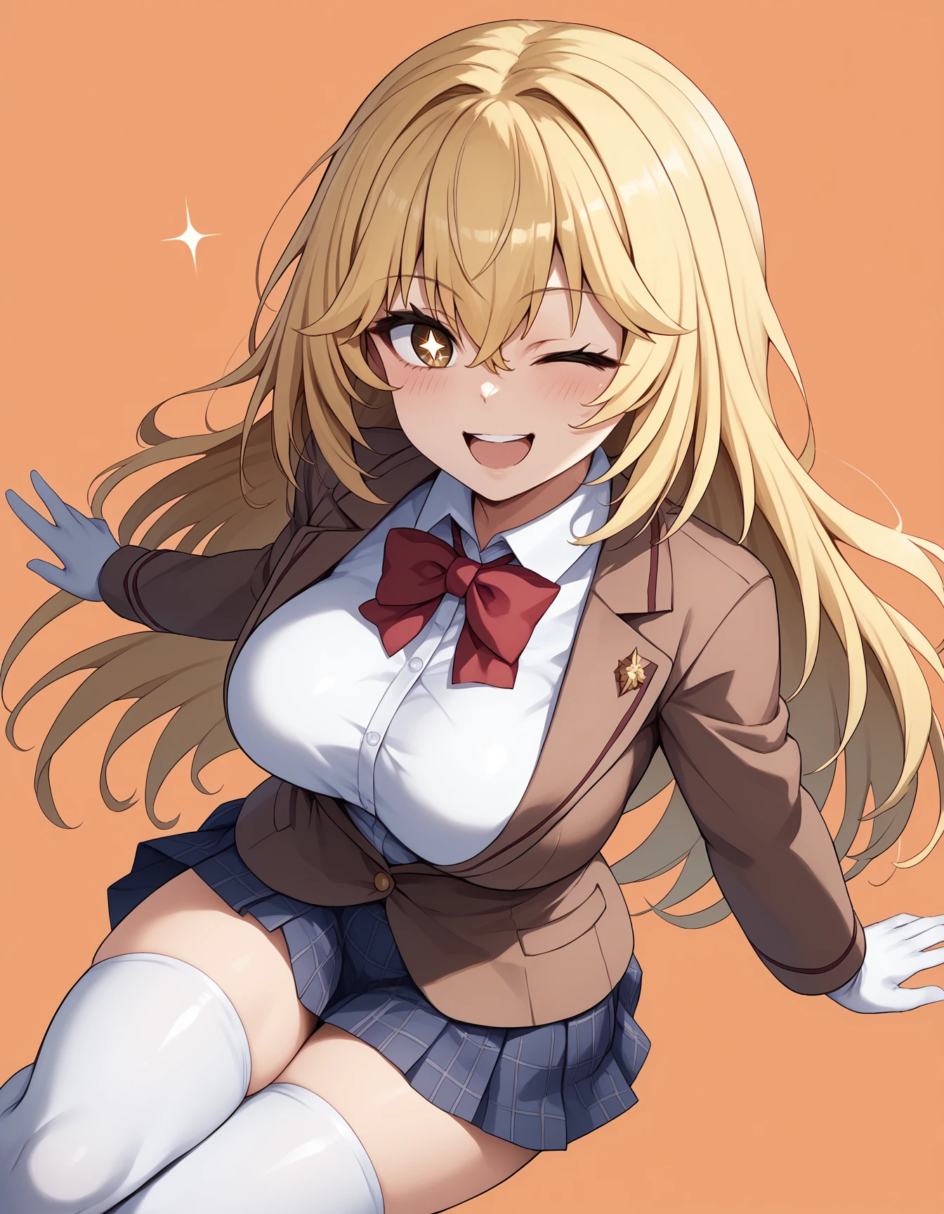 score_9, score_8_up, score_7_up, score_6_up BREAK shokuhou misaki, sparkling eyes, 1girl, blonde hair, large breasts, long hair, white thighhighs, winter uniform, brown jacket, tokiwadai school uniform, one eye closed, plaid skirt, white elbow gloves, red bow, blazer, smile, white shirt, red bowtie, open mouth, school emblem, looking at viewer, collared shirt, long sleeves, w, brown eyes, pleated skirt, orange background, hair between eyes, ;d, blush, upper teeth only, miniskirt, yellow pupils, thighs, cowboy shot, <lora:ShokuhouMisaki-XL-V3-10-test:1>