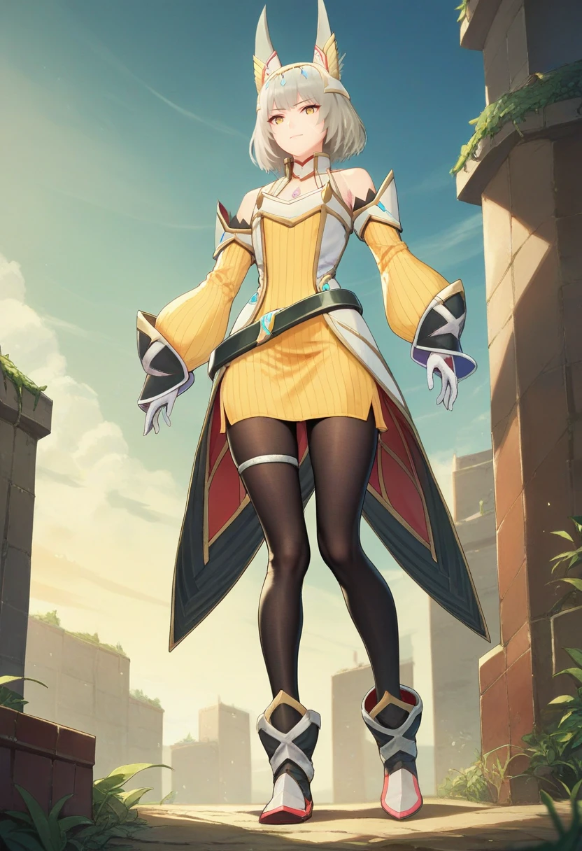 score_9, score_8_up, score_7_up, 1girl, solo, full body, detached sleeves, black belt, opaque tights, single thighband, hero, tailcoat, yellow dress, white gloves, flared shoes, face marks, yellow eyes, nia jewel, bob cut, fox ears, tiara, nia, outdoors <lora:nia xl 060 fro 95:1>