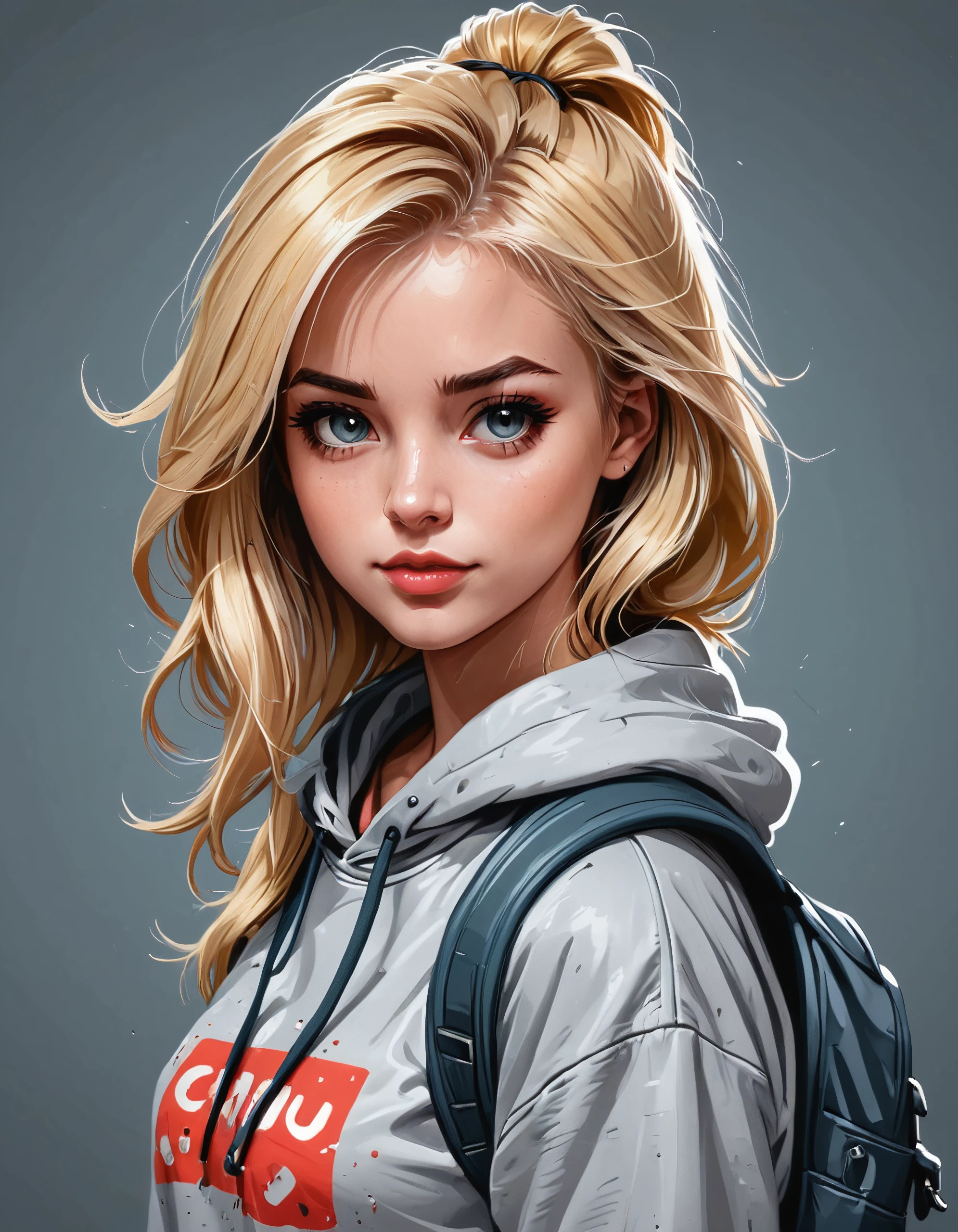 blonde woman with hoodie and backpack, cartoon style, digital art